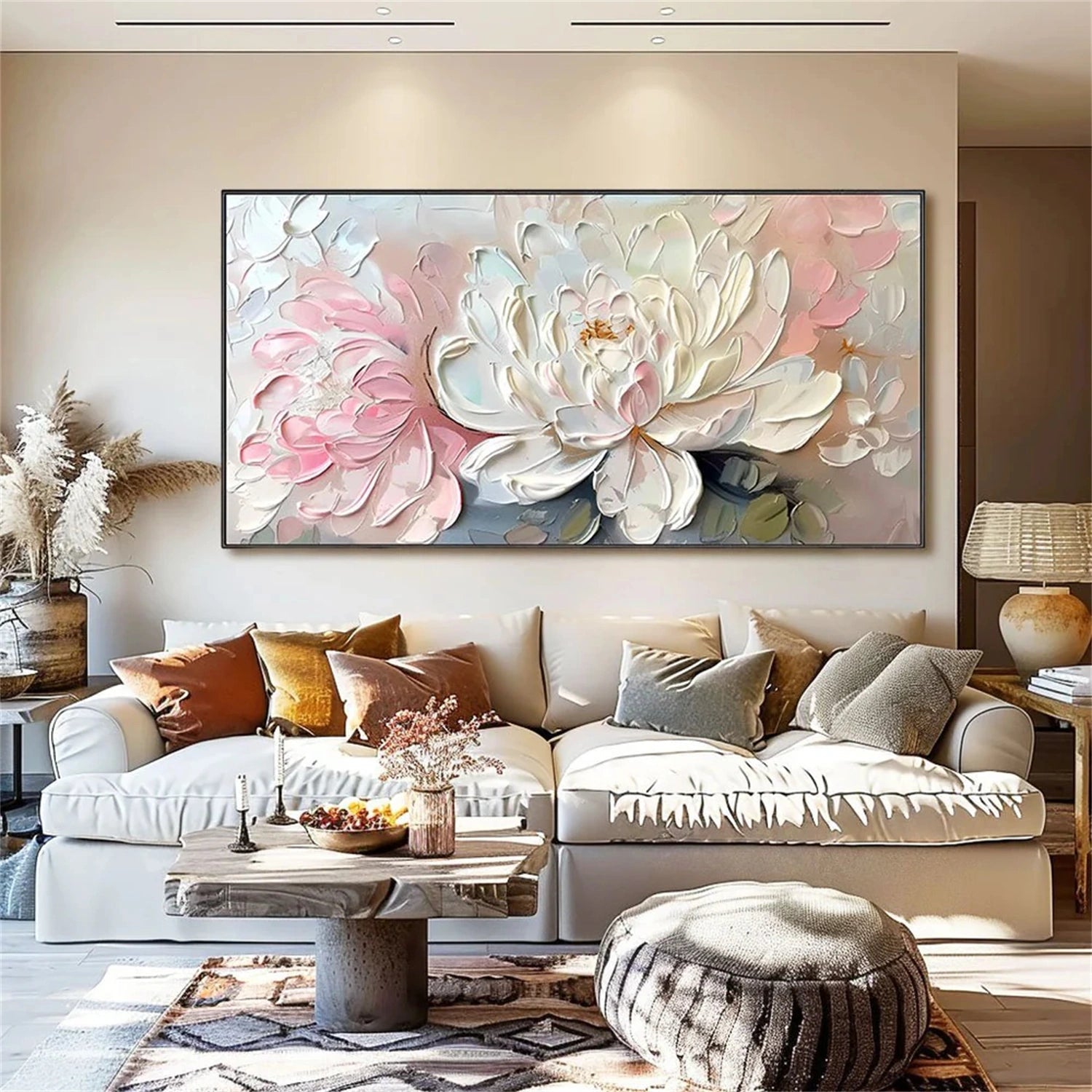 Textured Floral Painting – White & Pink Flower Wall Art #JJ 294