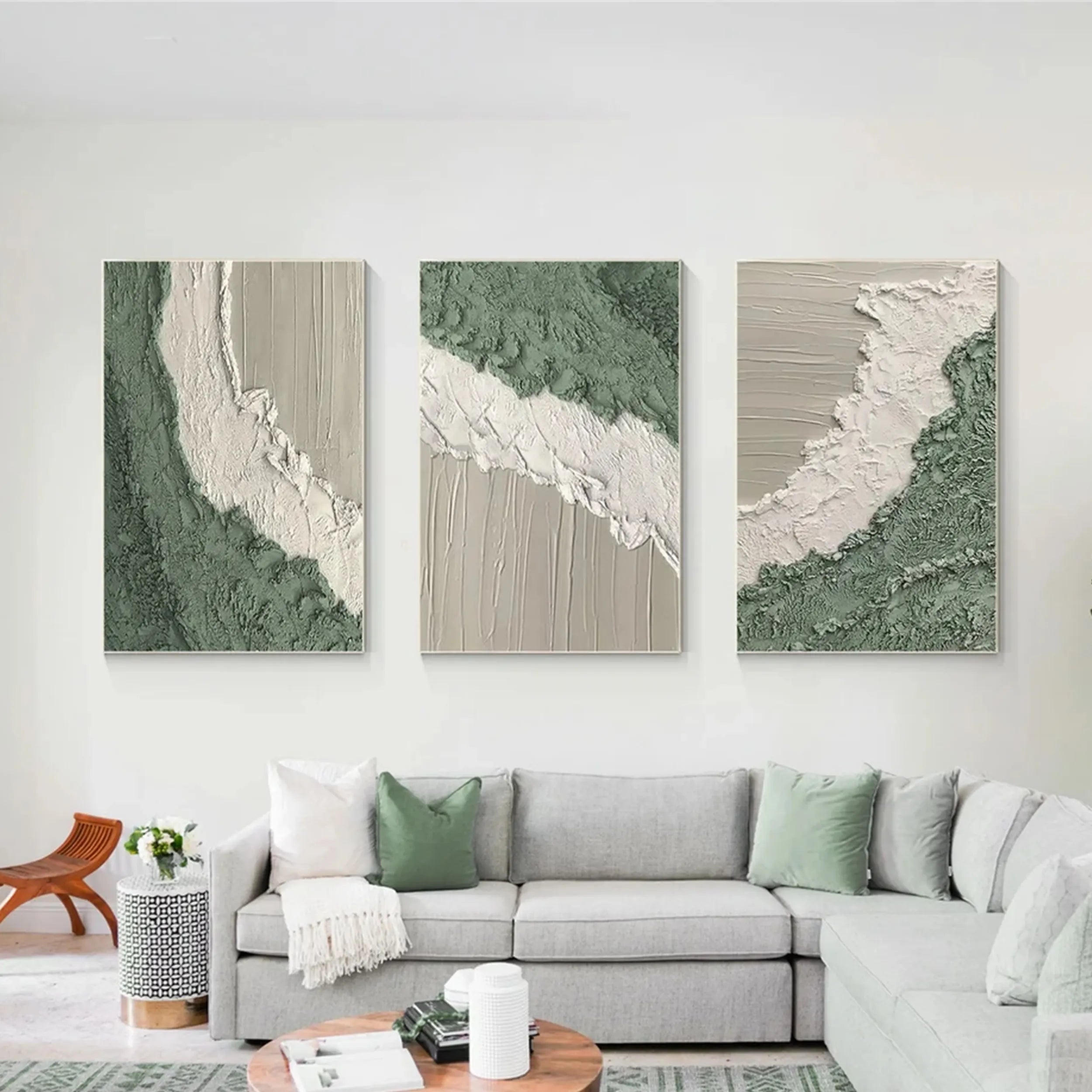 3 Piece Green and White Modern Wall Art for Living Room #JJ 212