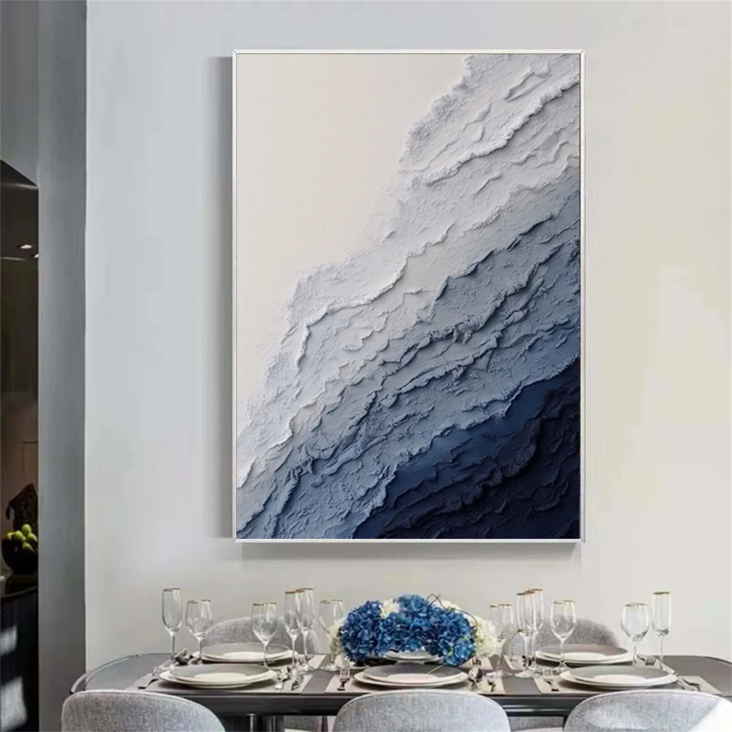 Vertical Beige and Blue Textured Abstract Oil Painting - Modern Serene Art #JJ 129