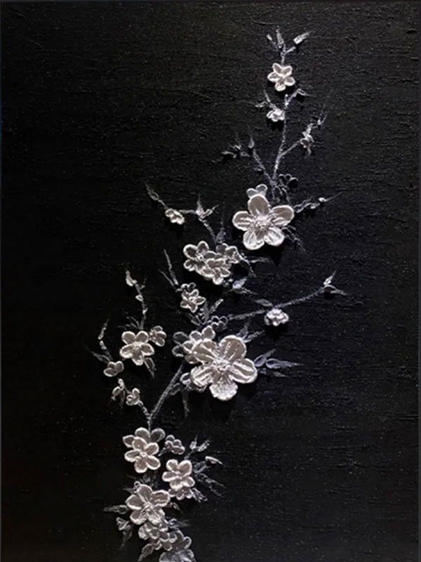Large Textured Abstract Painting | Vertical White Flowers Black Canvas #ZZ 185