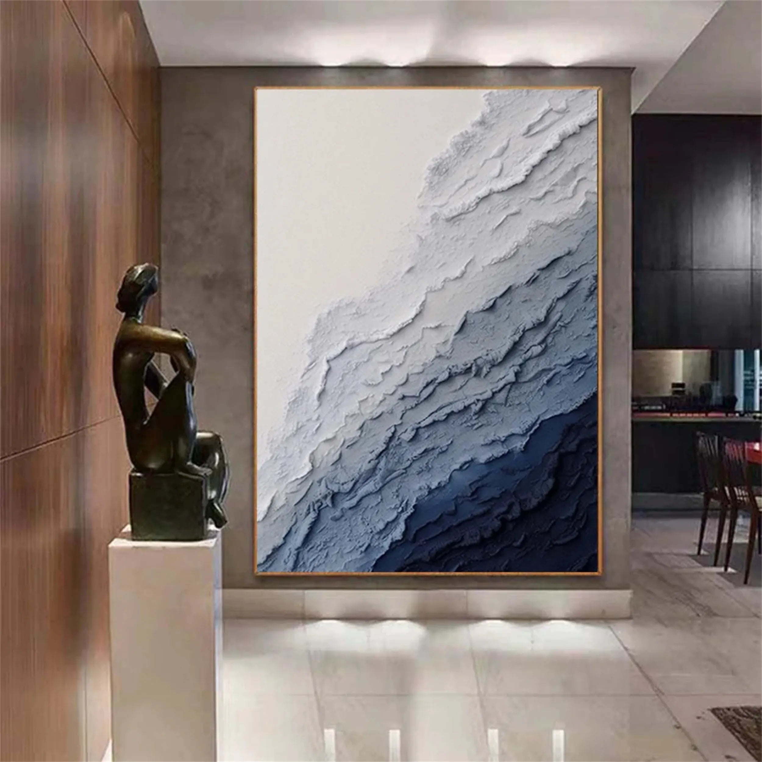Vertical Beige and Blue Textured Abstract Oil Painting - Modern Serene Art # JJ 129