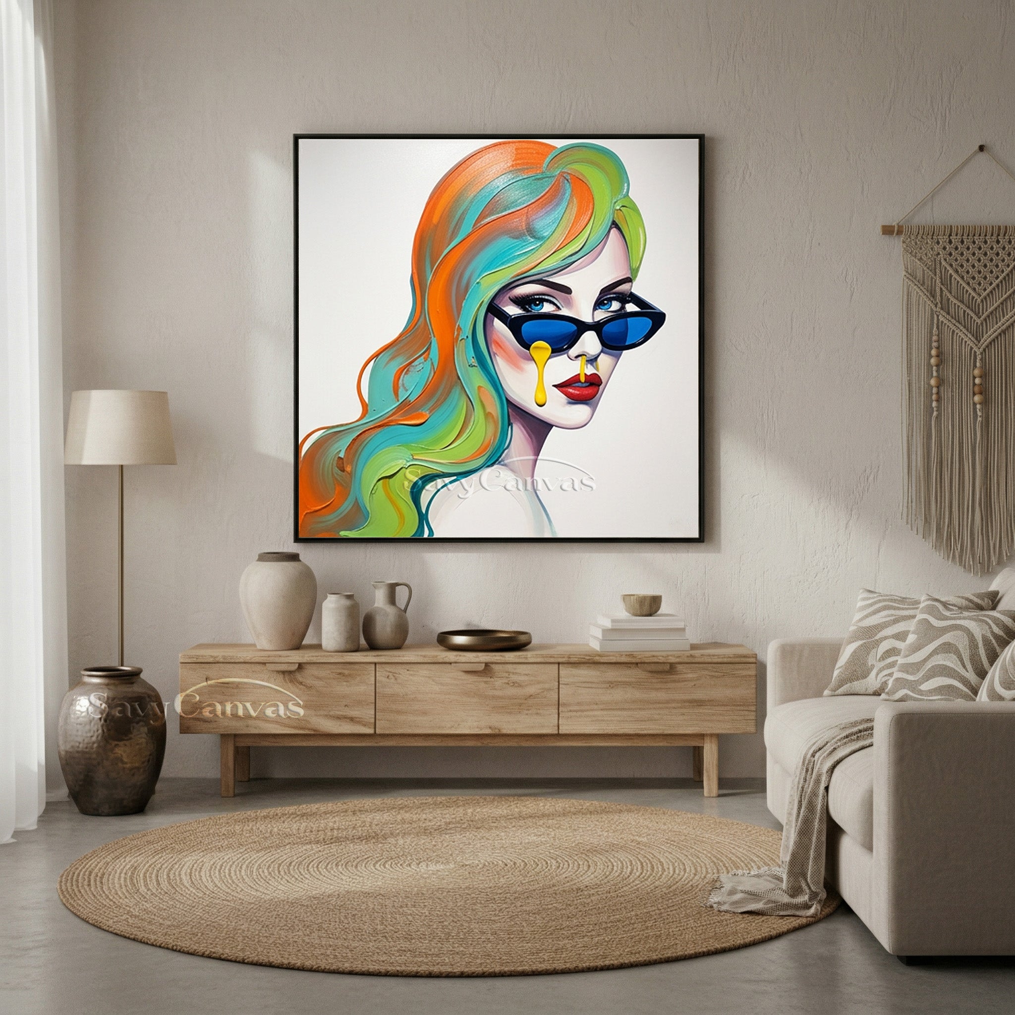 Chic Woman with Blue Sunglasses Art | Pop Art Style Canvas Decor #SS 115