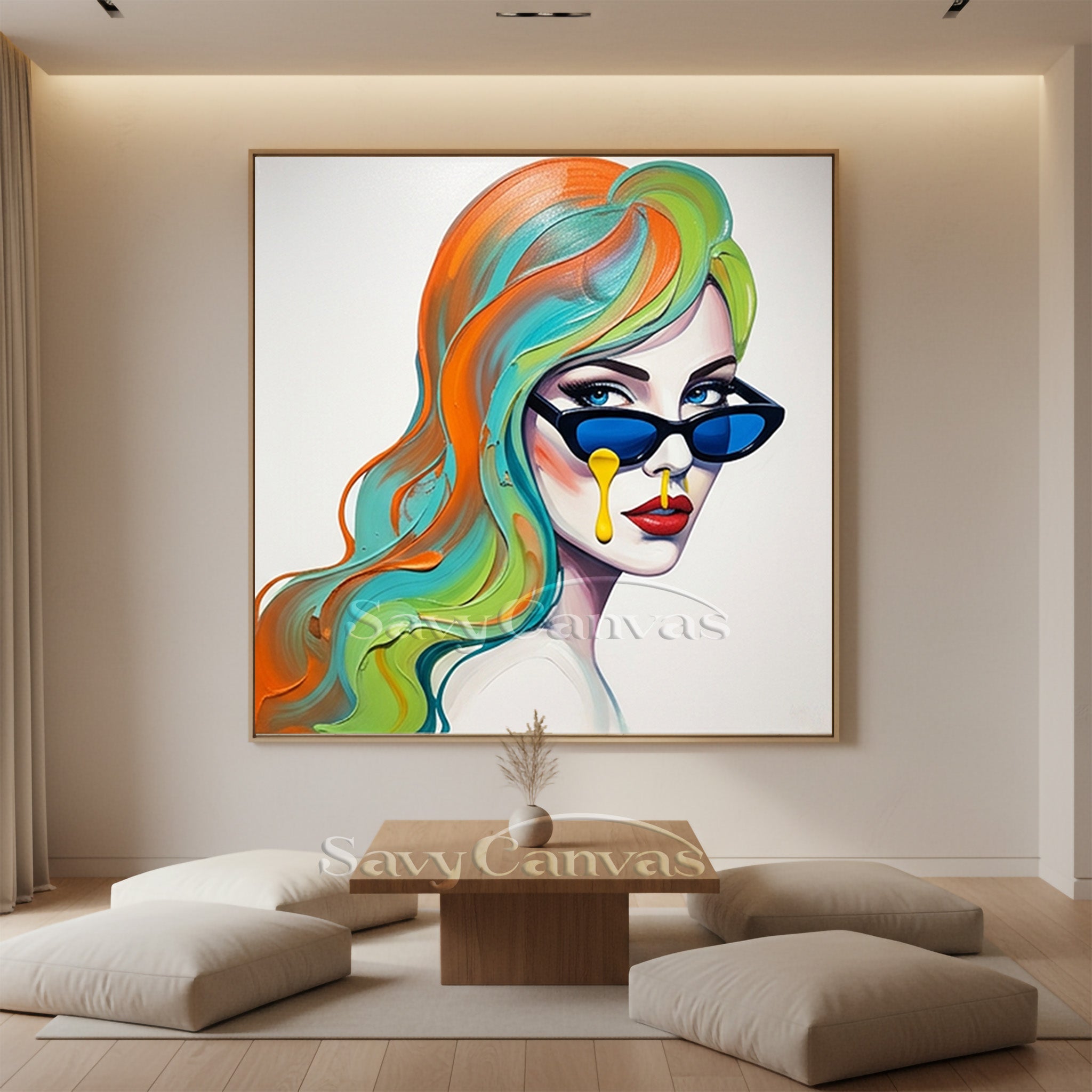 Chic Woman with Blue Sunglasses Art | Pop Art Style Canvas Decor #SS 115