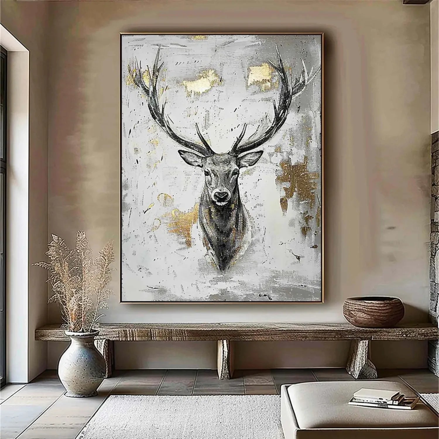 Large Abstract Deer Painting | Vertical Gold Accent Wall Art Decor