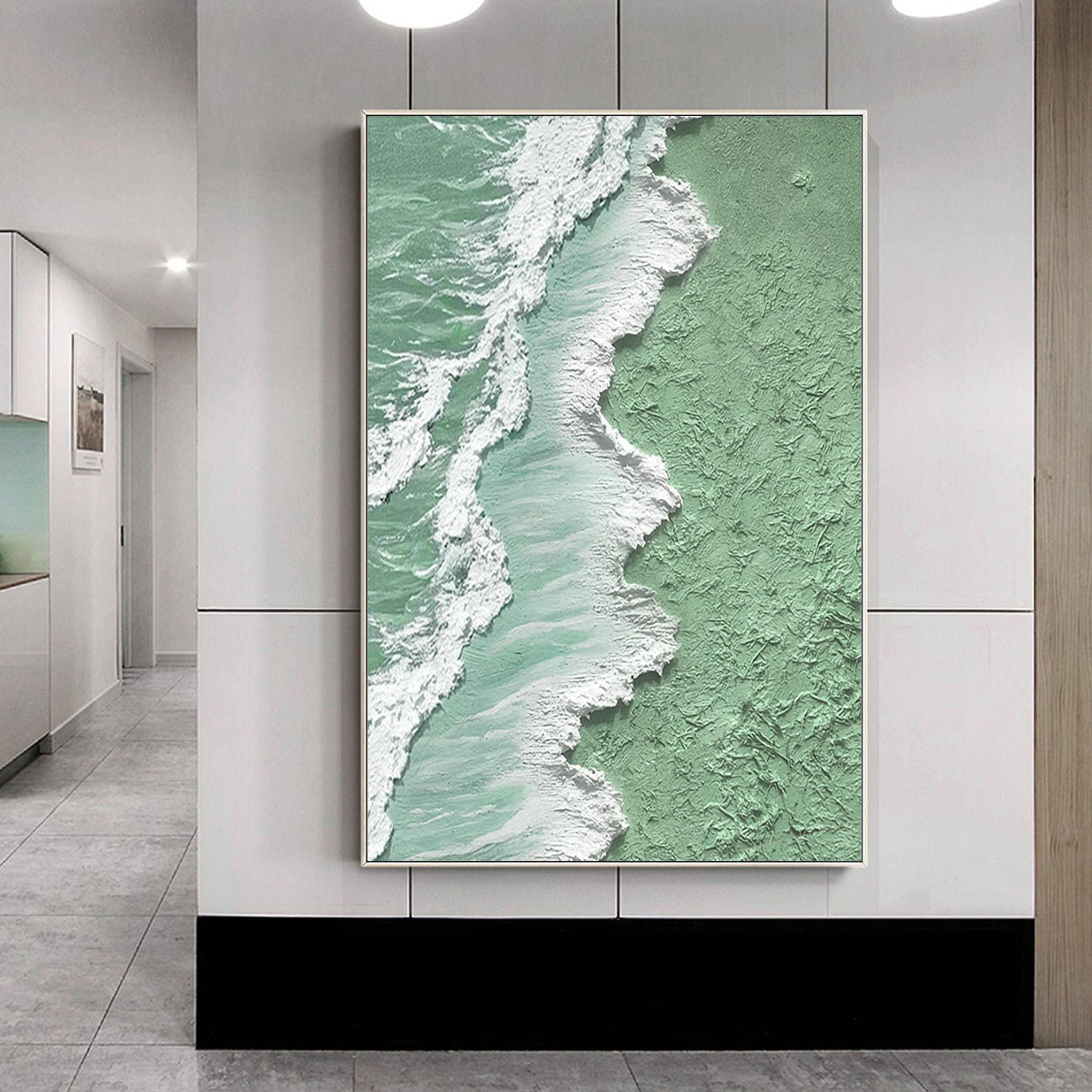 Large Abstract Wave Painting | Modern Green & White Textured Art