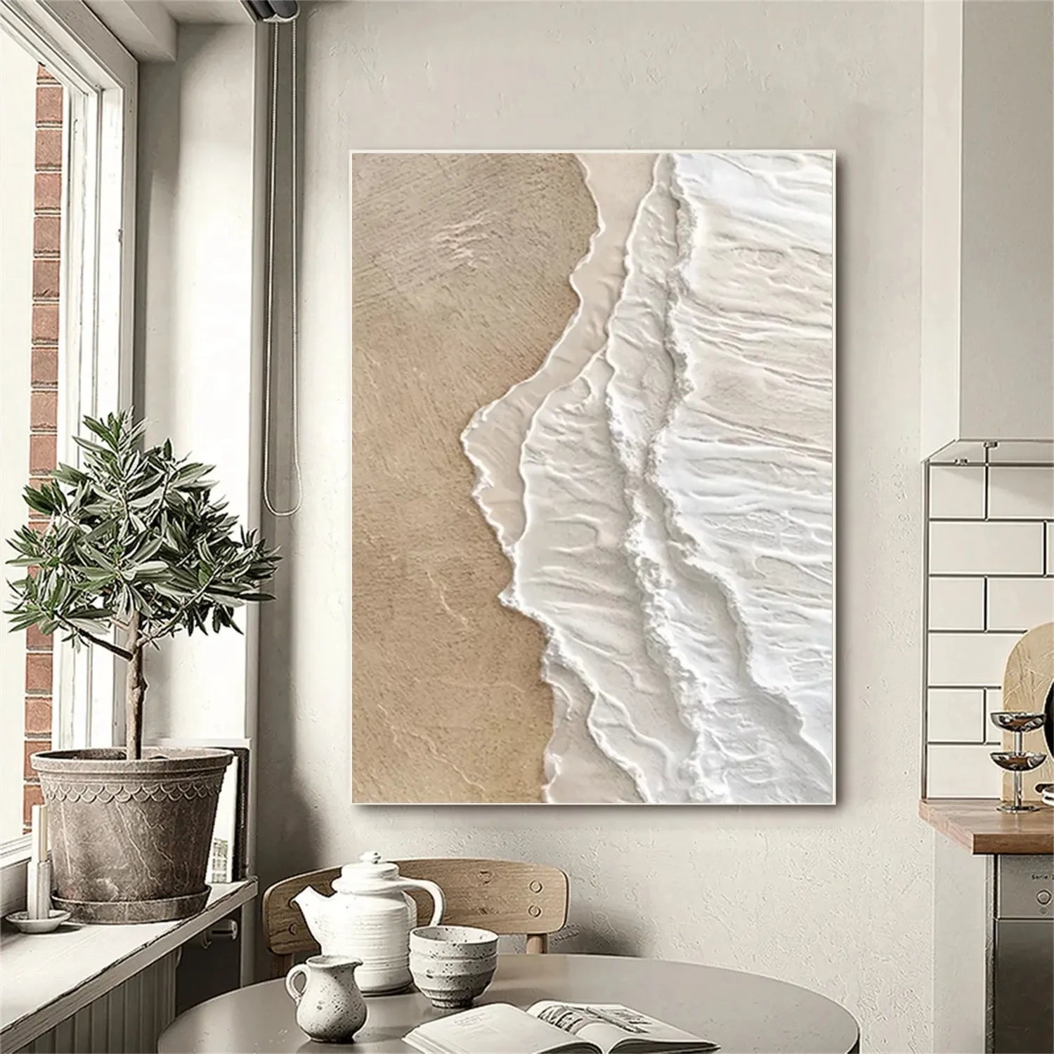 Vertical Beige and White Textured Beach Abstract Oil Painting - Modern Serene # JJ 135