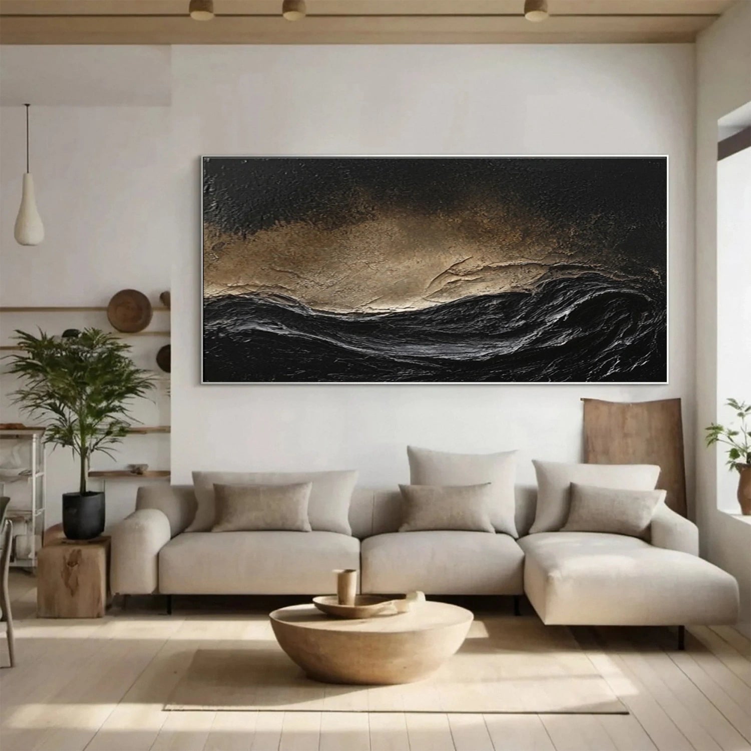 Oversize Black Gold White Textured Abstract Oil Painting - Modern Art #JJ 176