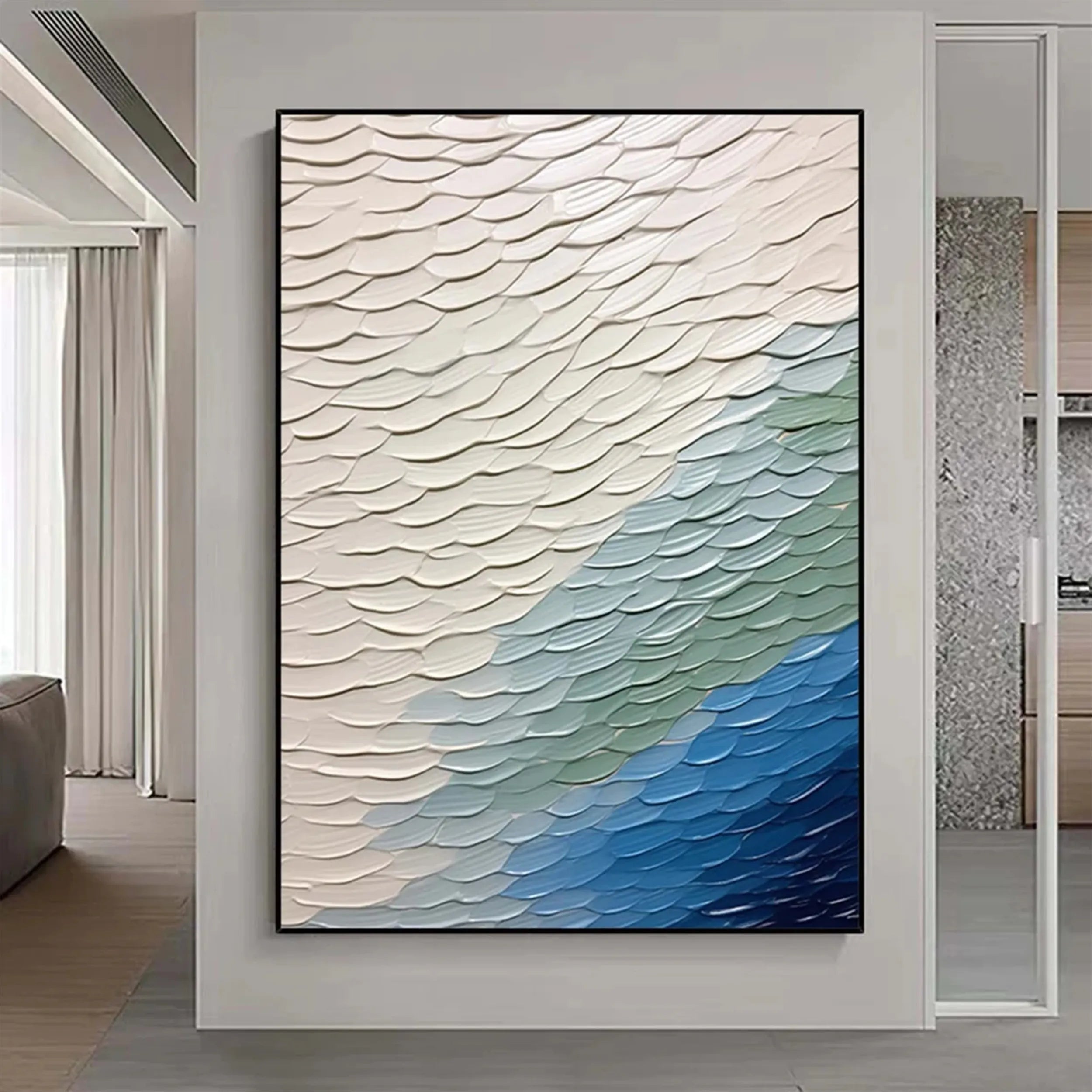 Unique White Blue Green Textured Abstract - Modern Serene Art Gift # JJ 128
