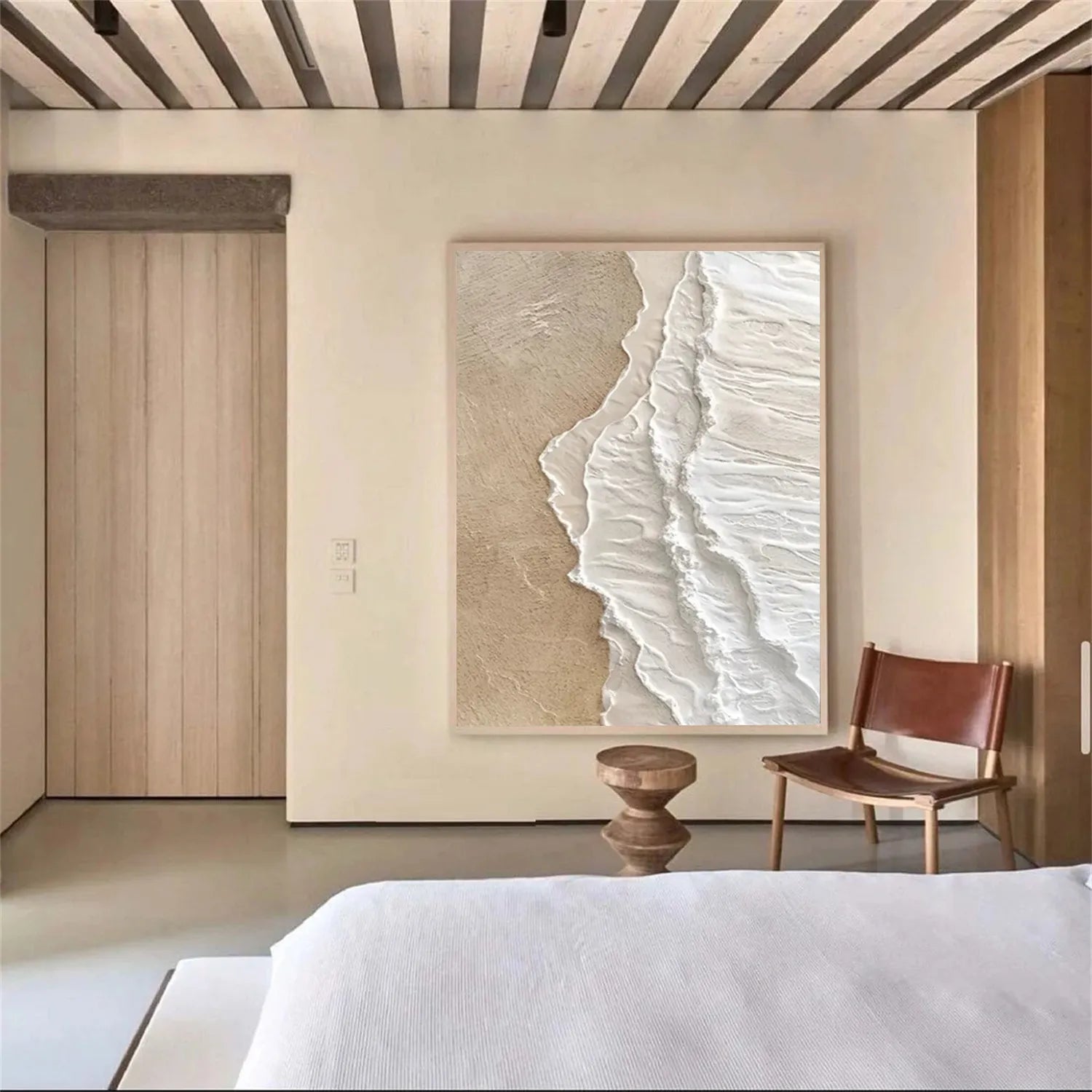 Vertical Beige and White Textured Beach Abstract Oil Painting - Modern Serene # JJ 135