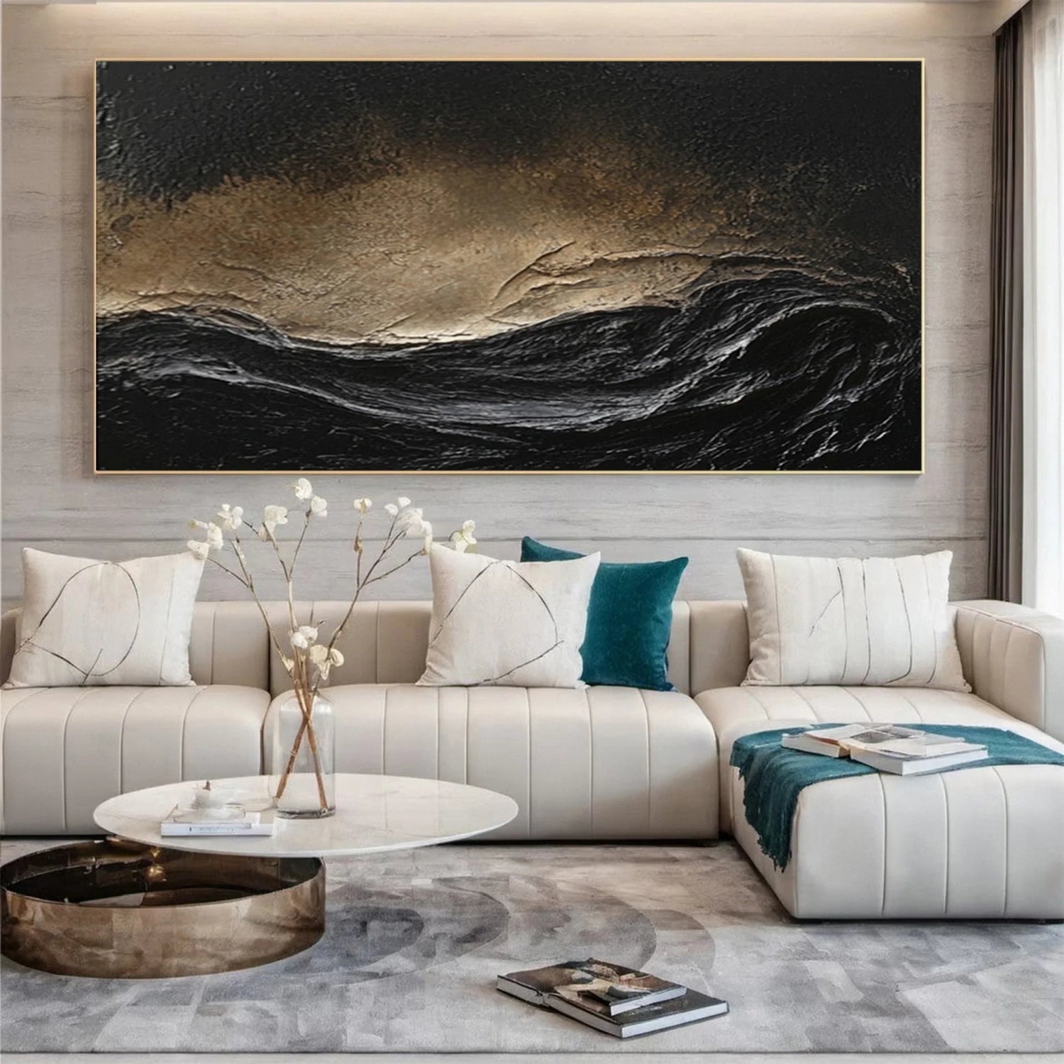 Oversize Black Gold White Textured Abstract Oil Painting - Modern Art #JJ 176