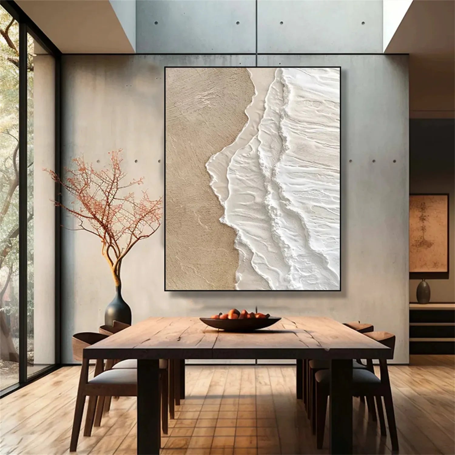 Vertical Beige and White Textured Beach Abstract Oil Painting - Modern Serene # JJ 135