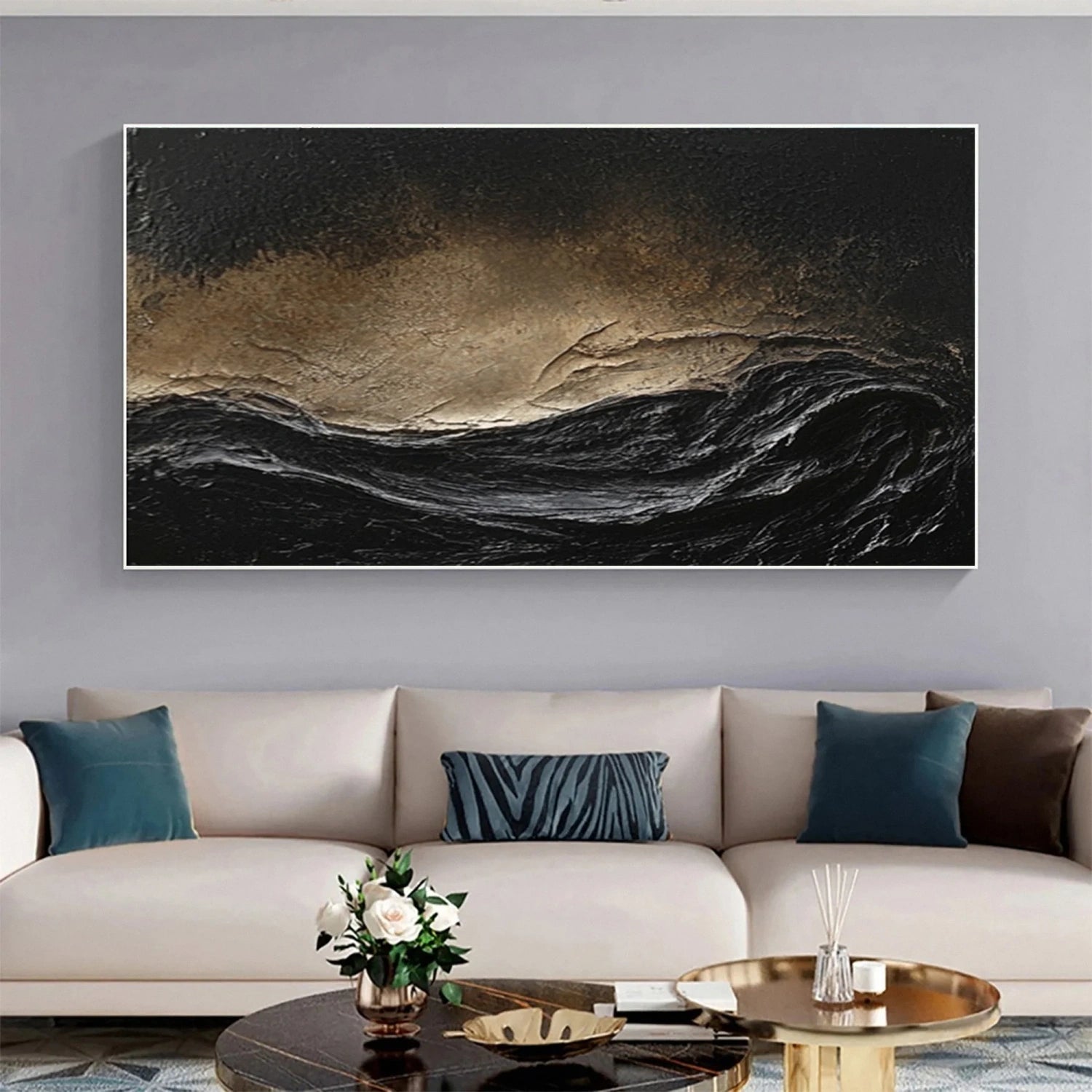 Oversize Black Gold White Textured Abstract Oil Painting - Modern Art #JJ 176