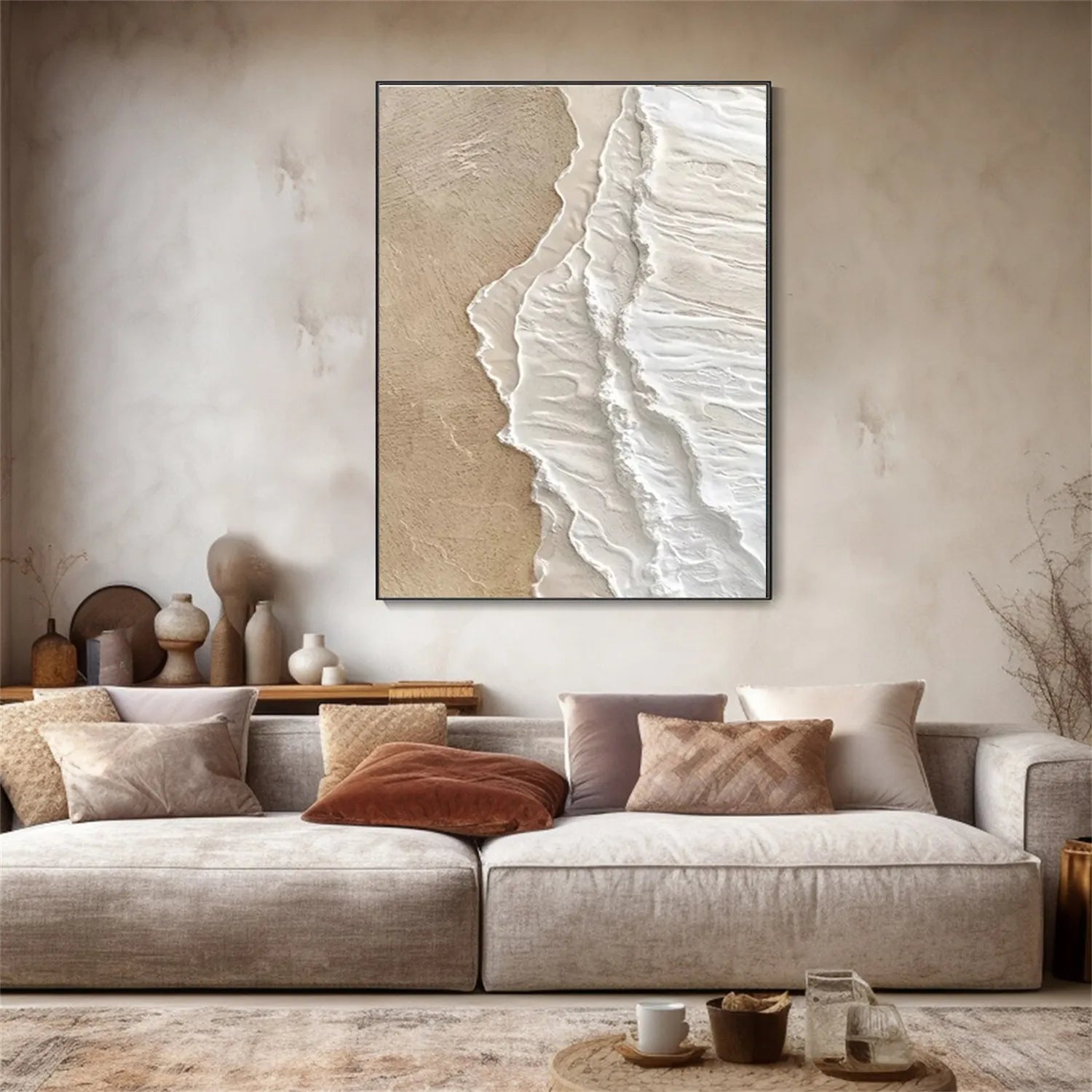 Vertical Beige and White Textured Beach Abstract Oil Painting - Modern Serene # JJ 135