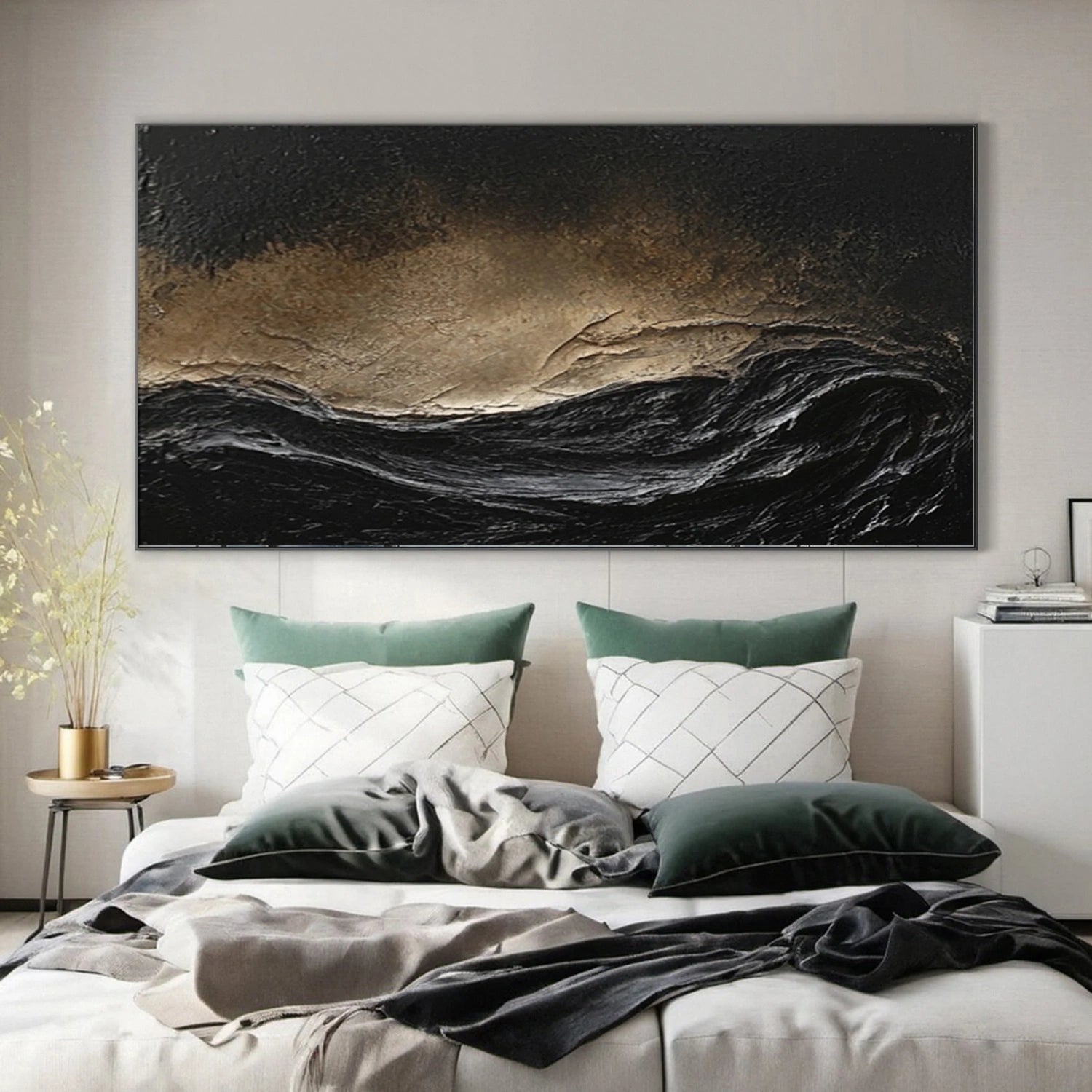 Oversize Black Gold White Textured Abstract Oil Painting - Modern Art #JJ 176
