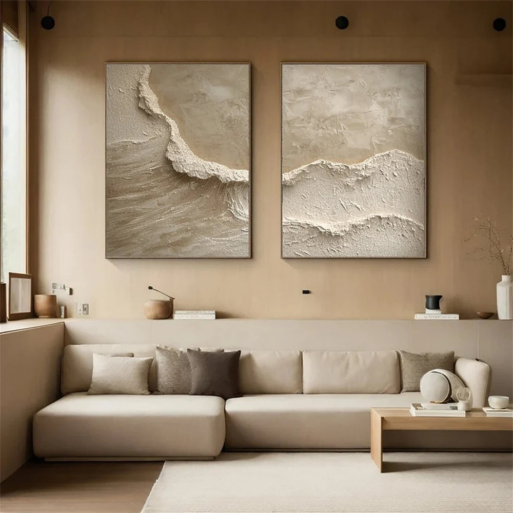 Textured Abstract Wave Oil Painting | Large Beige Wall Art Set of 2 #ZZ 010