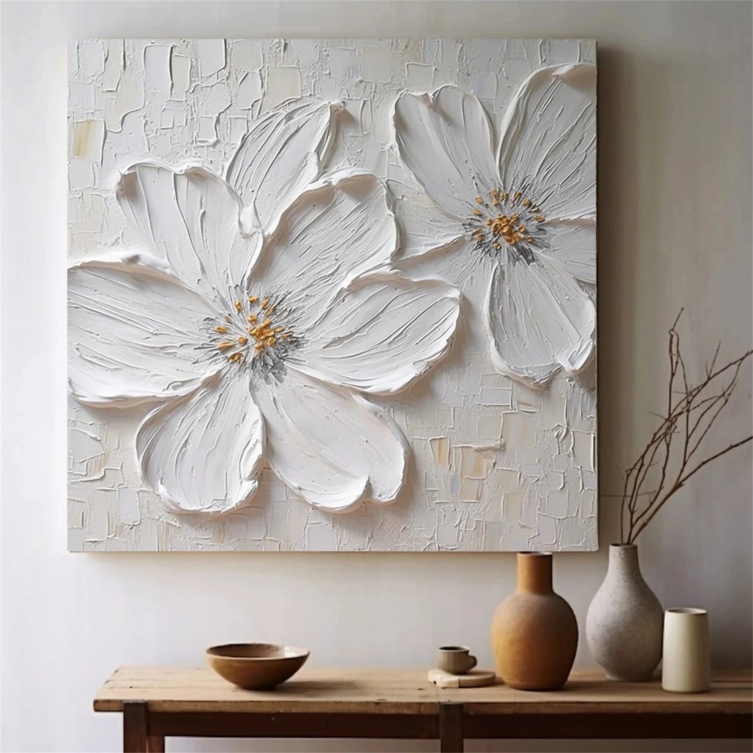 Textured White Floral Oil Painting | Handmade Impasto Art #ZZ 012
