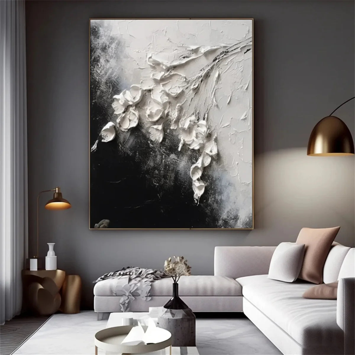 Black and White Floral Wall Art | Large Vertical Textured 3D Painting #ZZ 183