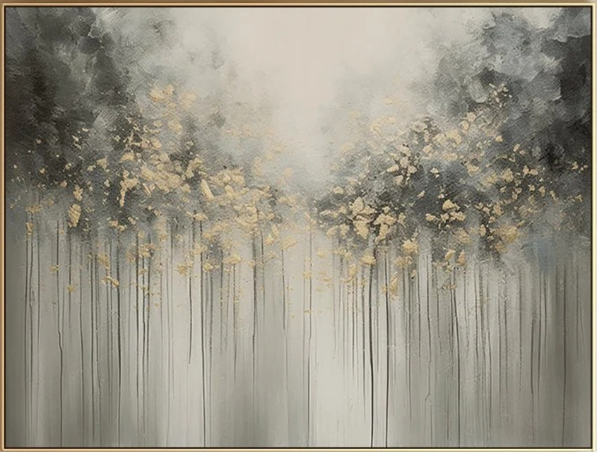 Large Abstract Nature Painting | Grey, Black, Gold Forest Art   #TC 064