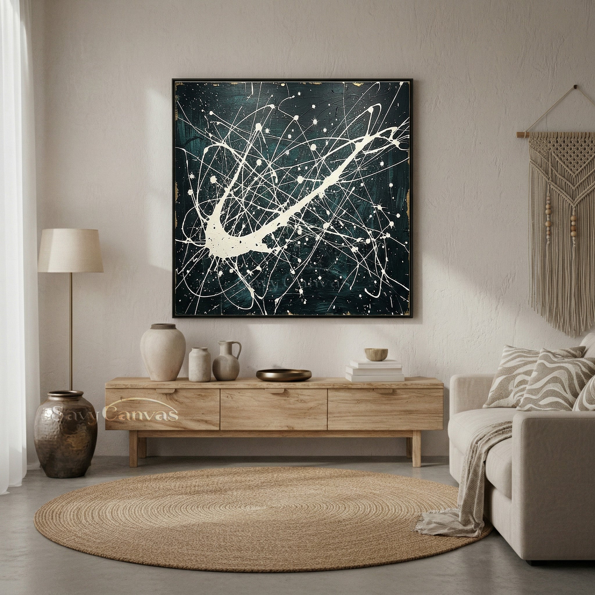 Modern Abstract Drip Painting | Dark & White Pollock Canvas Wall Art #ZZ 277