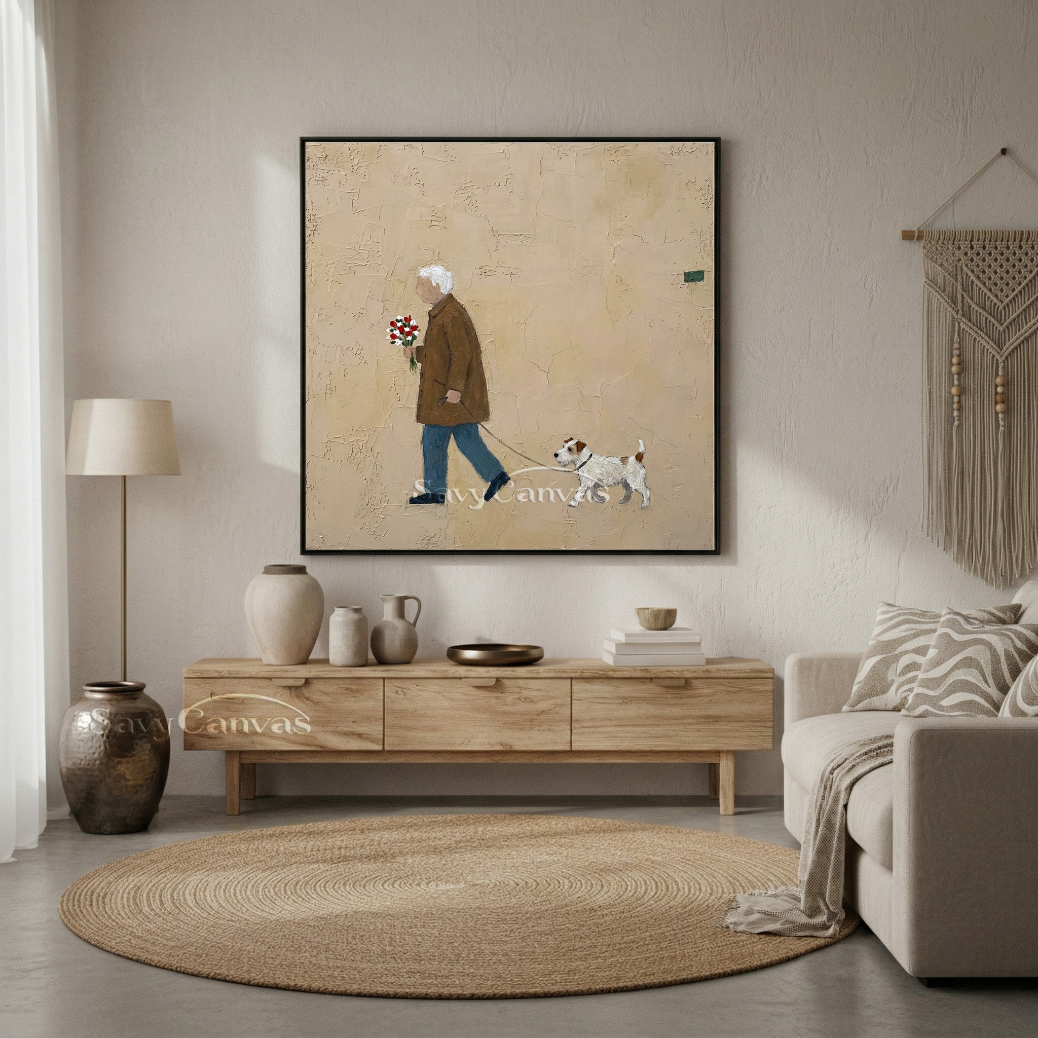 Minimalist Man & Dog Textured Canvas Wall Art #SS 018