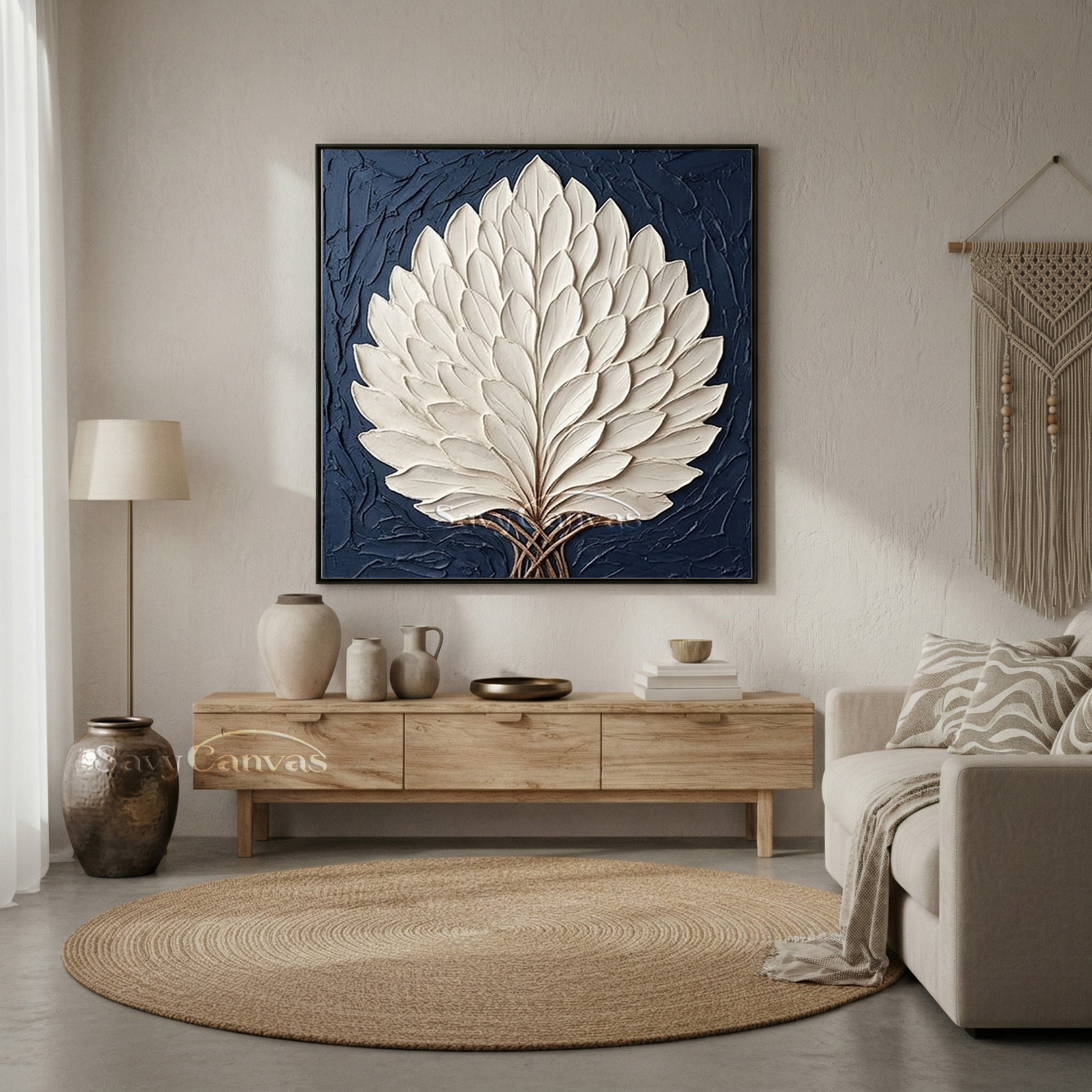 3D Textured White Leaf Oil Painting on Navy Blue Canvas #SS 130