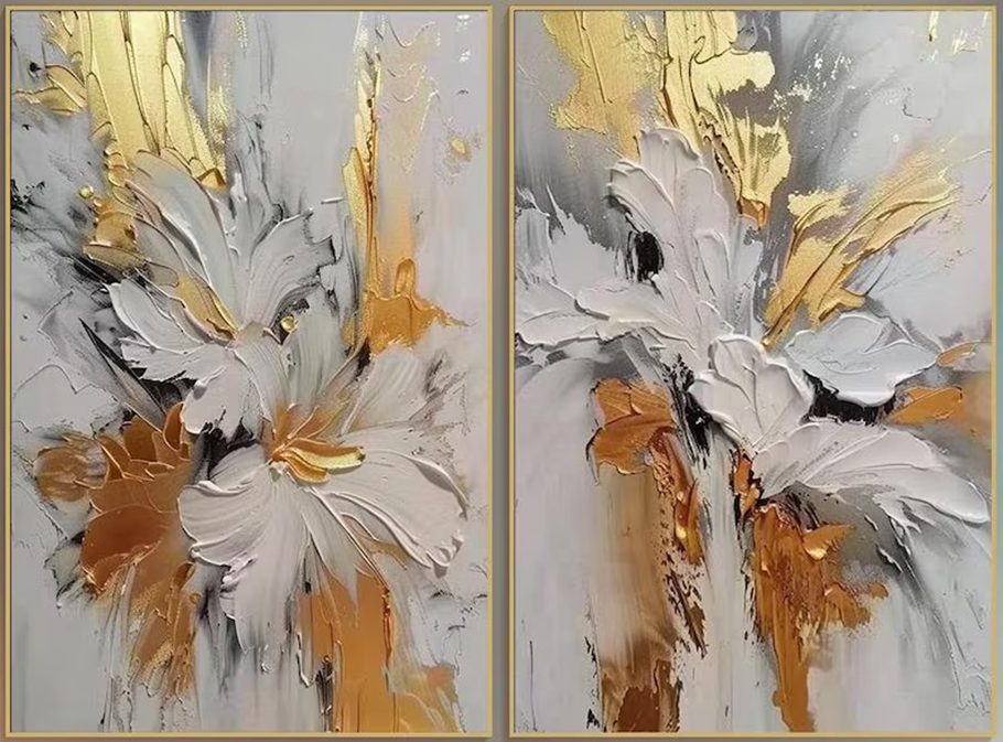 Set of 2 Textured Abstract Paintings |Gold & Grey Art #TC 102