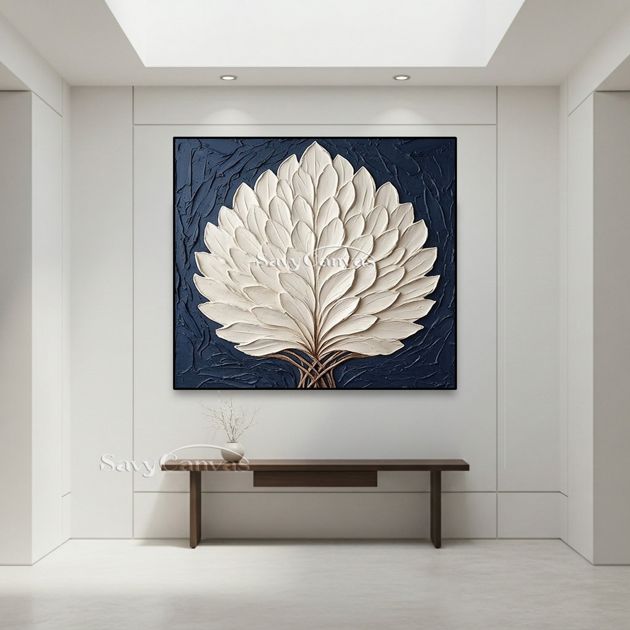 3D Textured White Leaf Oil Painting on Navy Blue Canvas #SS 130