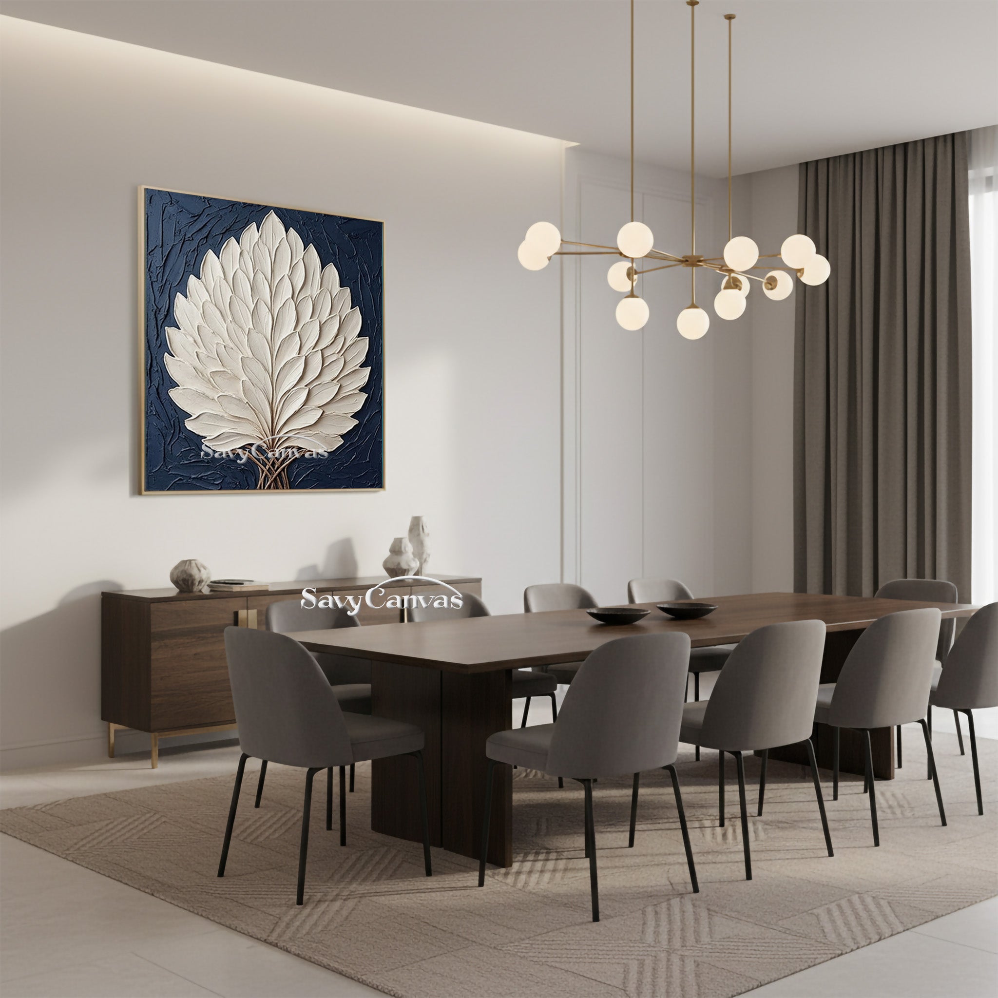 3D Textured White Leaf Oil Painting on Navy Blue Canvas #SS 130