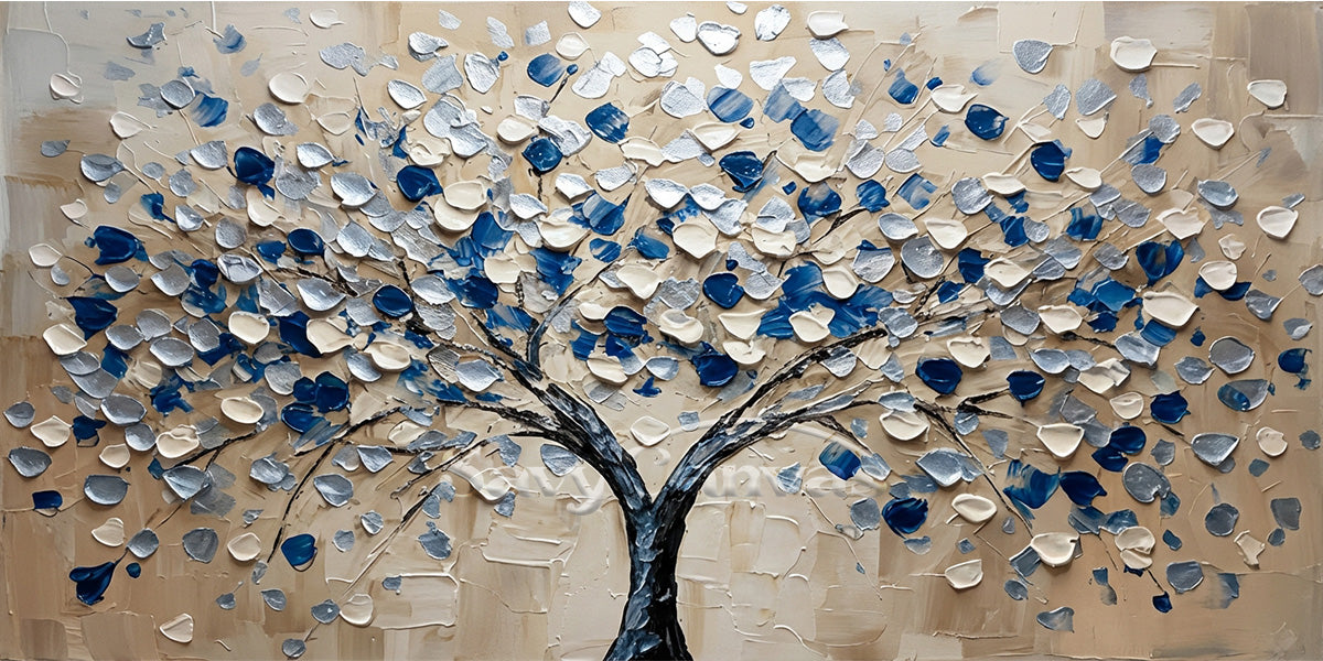 Large 3D Textured Tree of Life Painting - Blue & Silver