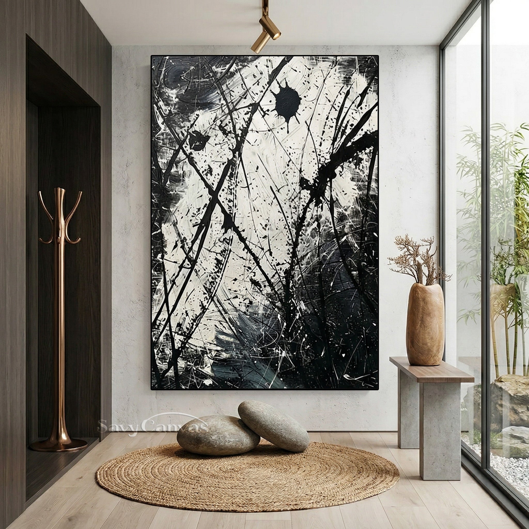 Modern Minimalist Abstract Drip Art | Black and White Textured Painting