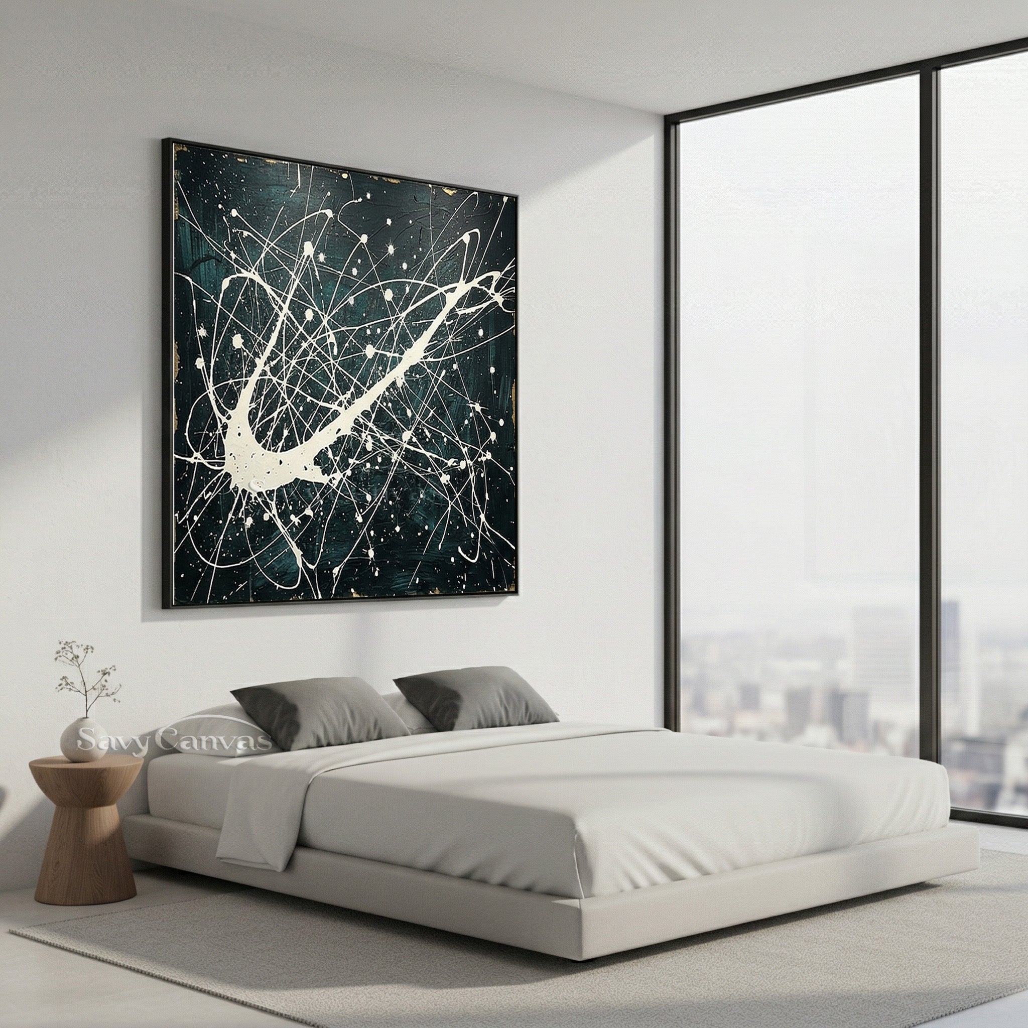 Modern Abstract Drip Painting | Dark & White Pollock Canvas Wall Art #ZZ 277