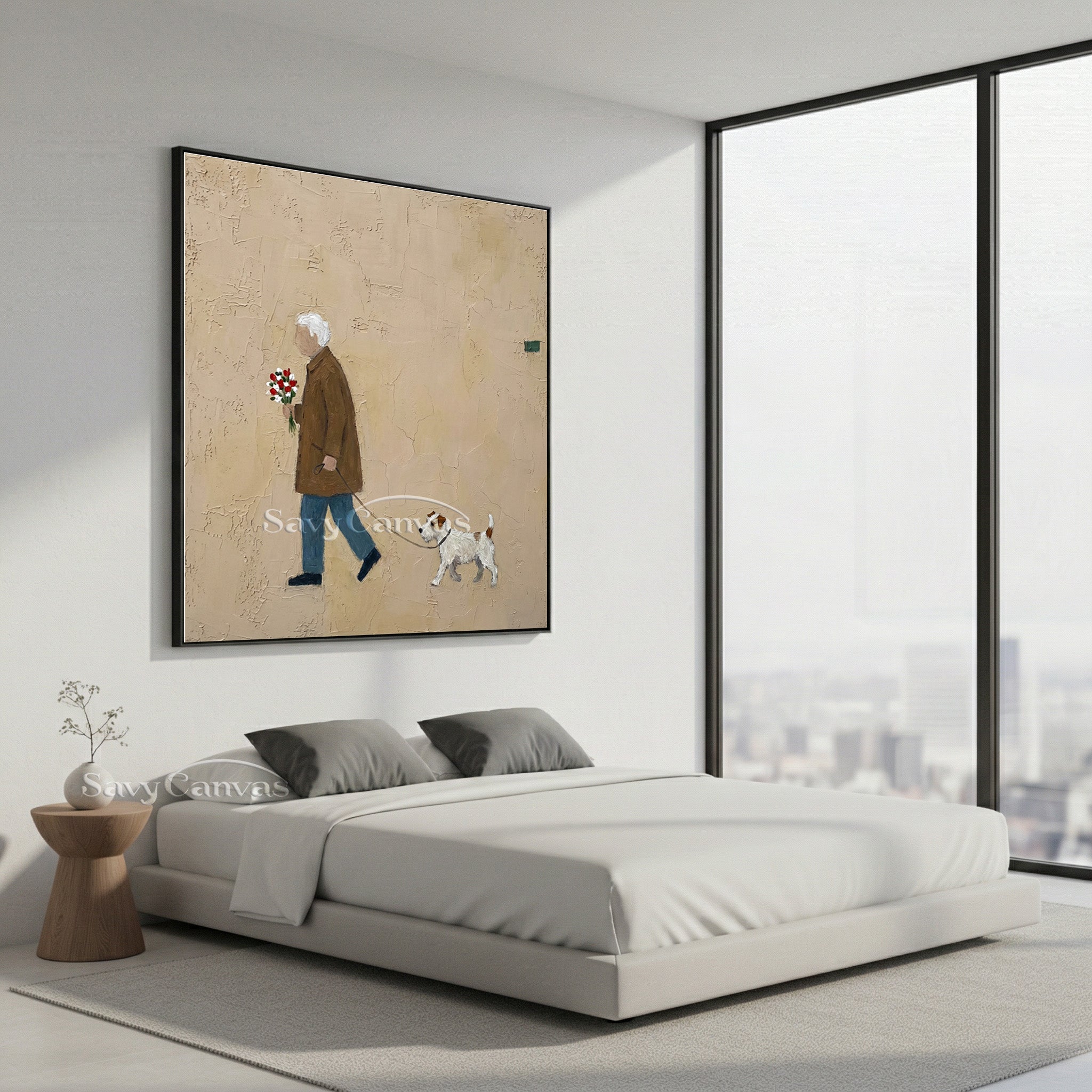 Minimalist Man & Dog Textured Canvas Wall Art #SS 018
