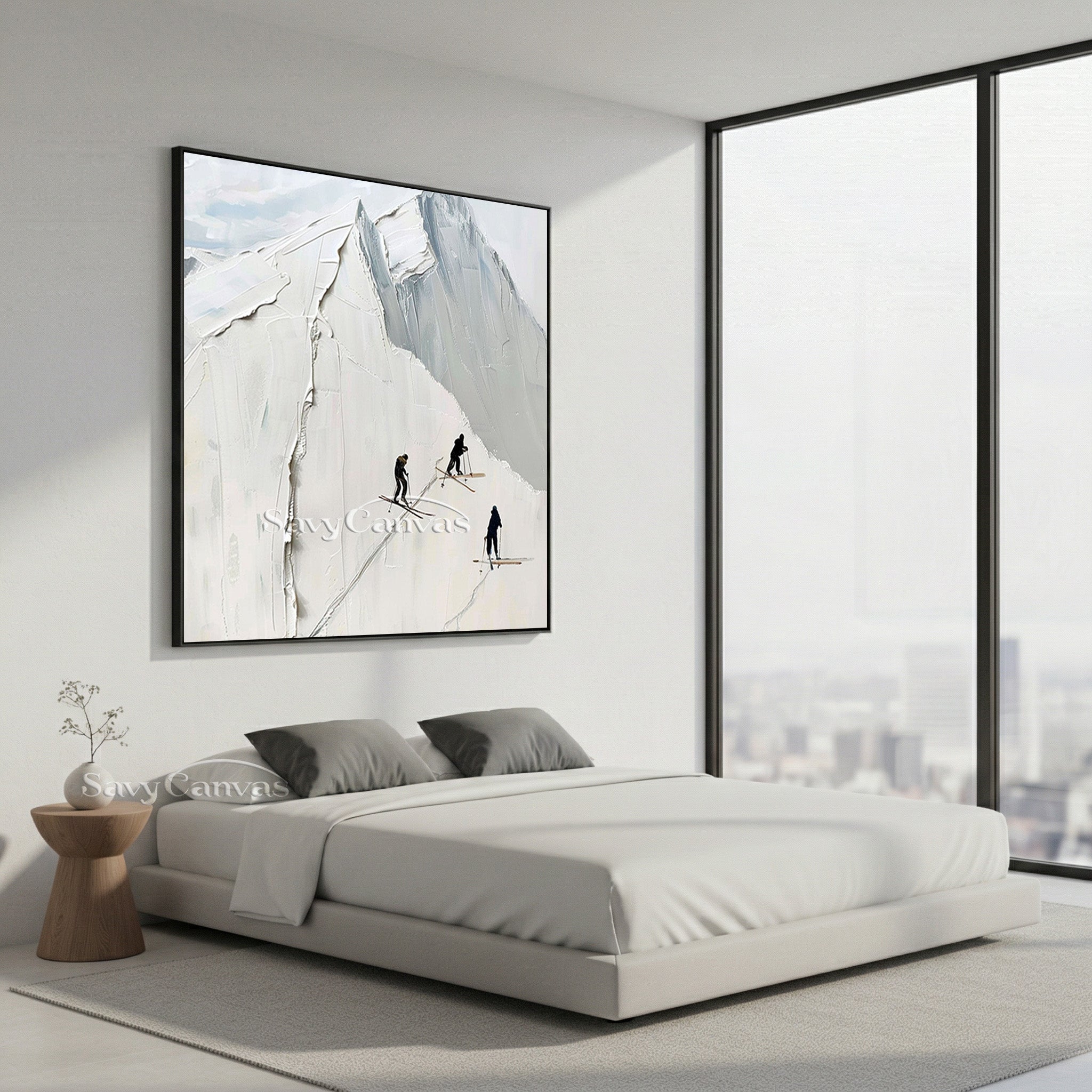 Minimalist Skiing on Snowy Mountain Canvas | Winter Sports Art #AA 454