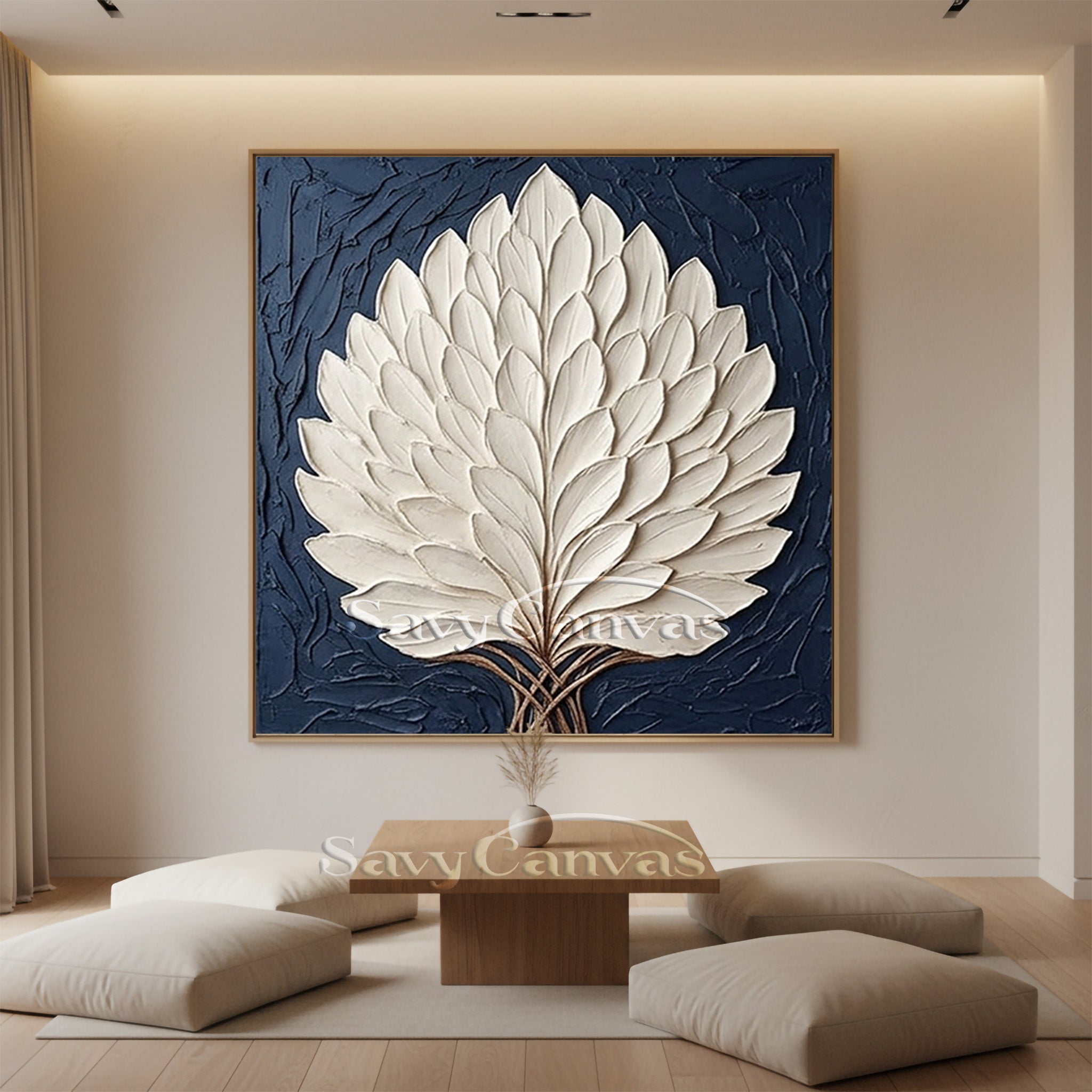 3D Textured White Leaf Oil Painting on Navy Blue Canvas #SS 130