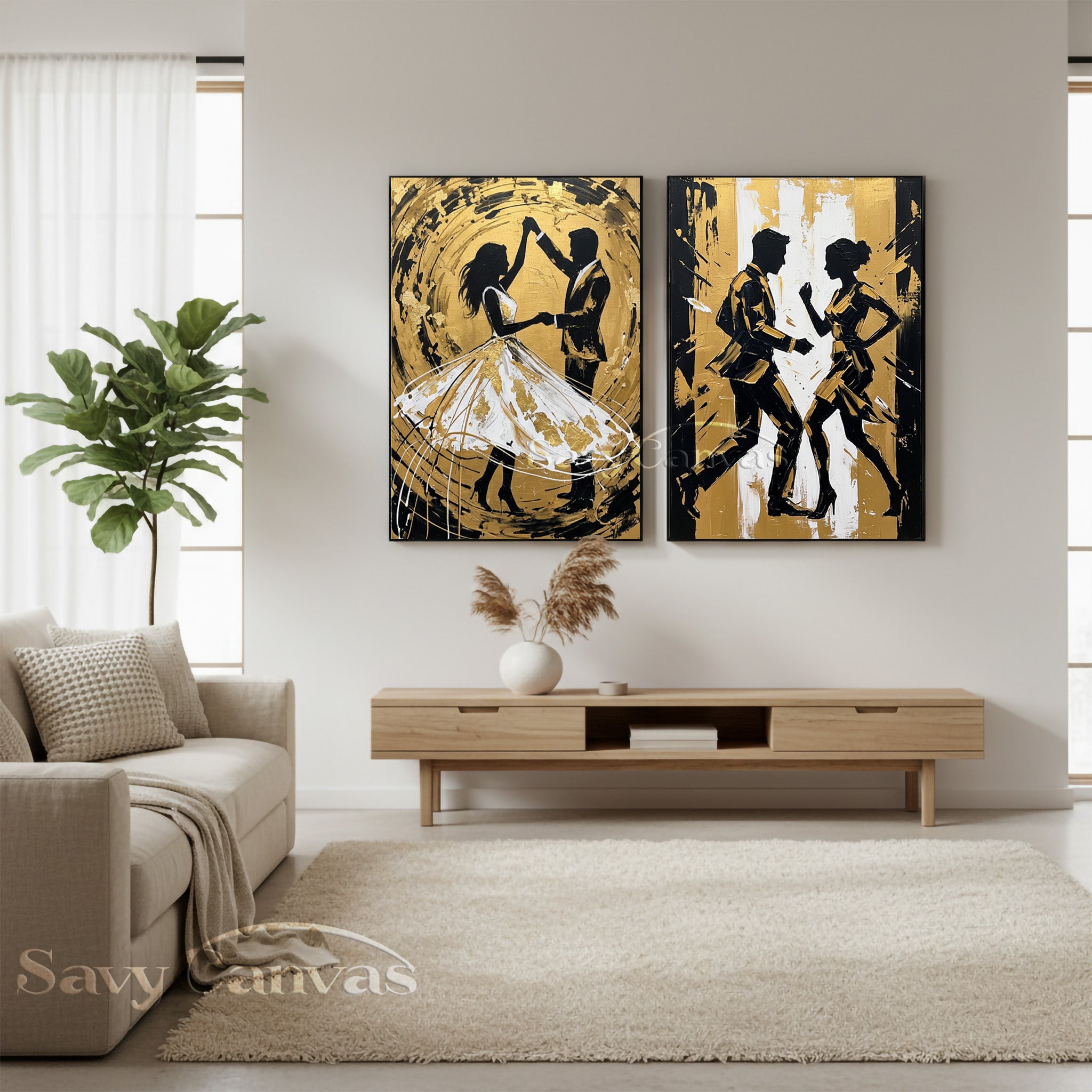 Modern Gold Leaf Dancing Couple Silhouette Oil Painting on Canvas #SS 054