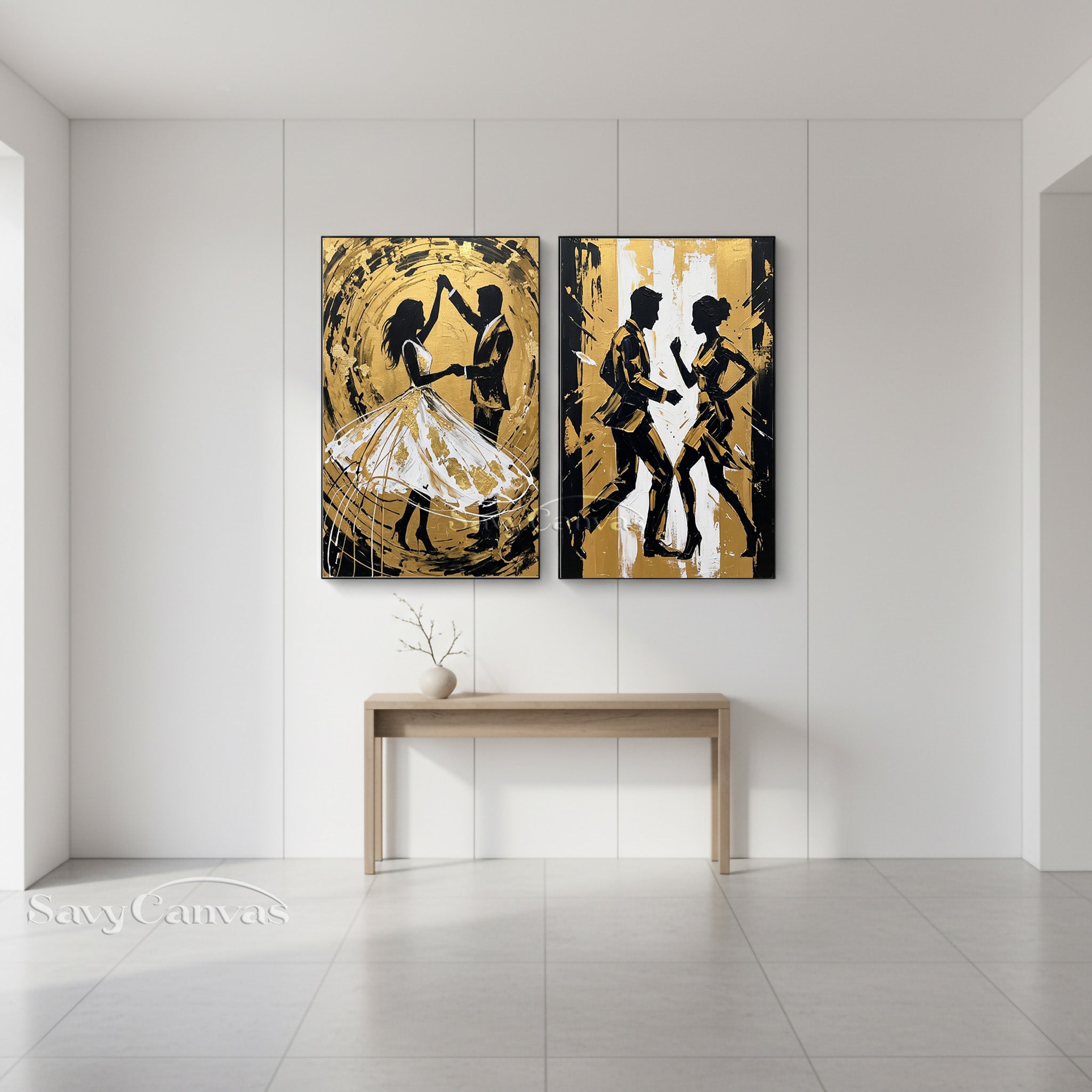 Modern Gold Leaf Dancing Couple Silhouette Oil Painting on Canvas #SS 054