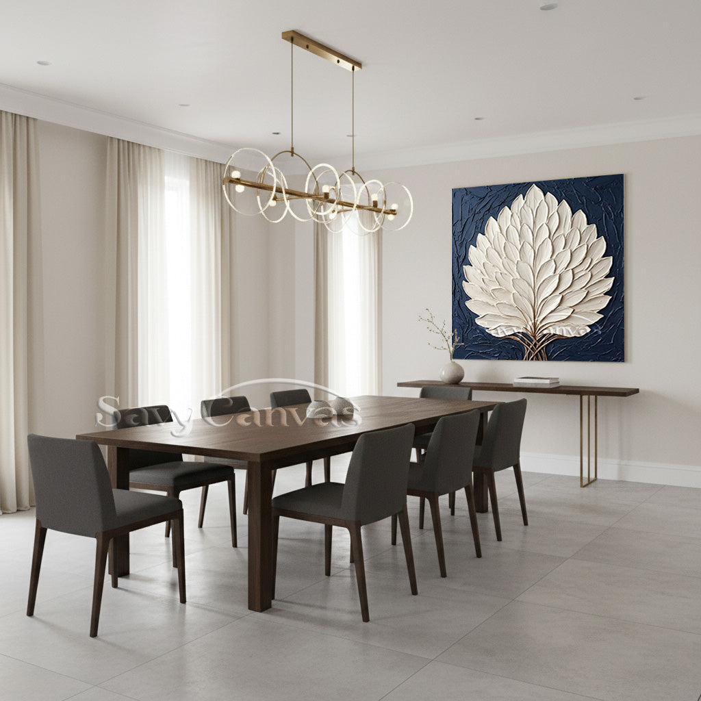 3D Textured White Leaf Oil Painting on Navy Blue Canvas #SS 130