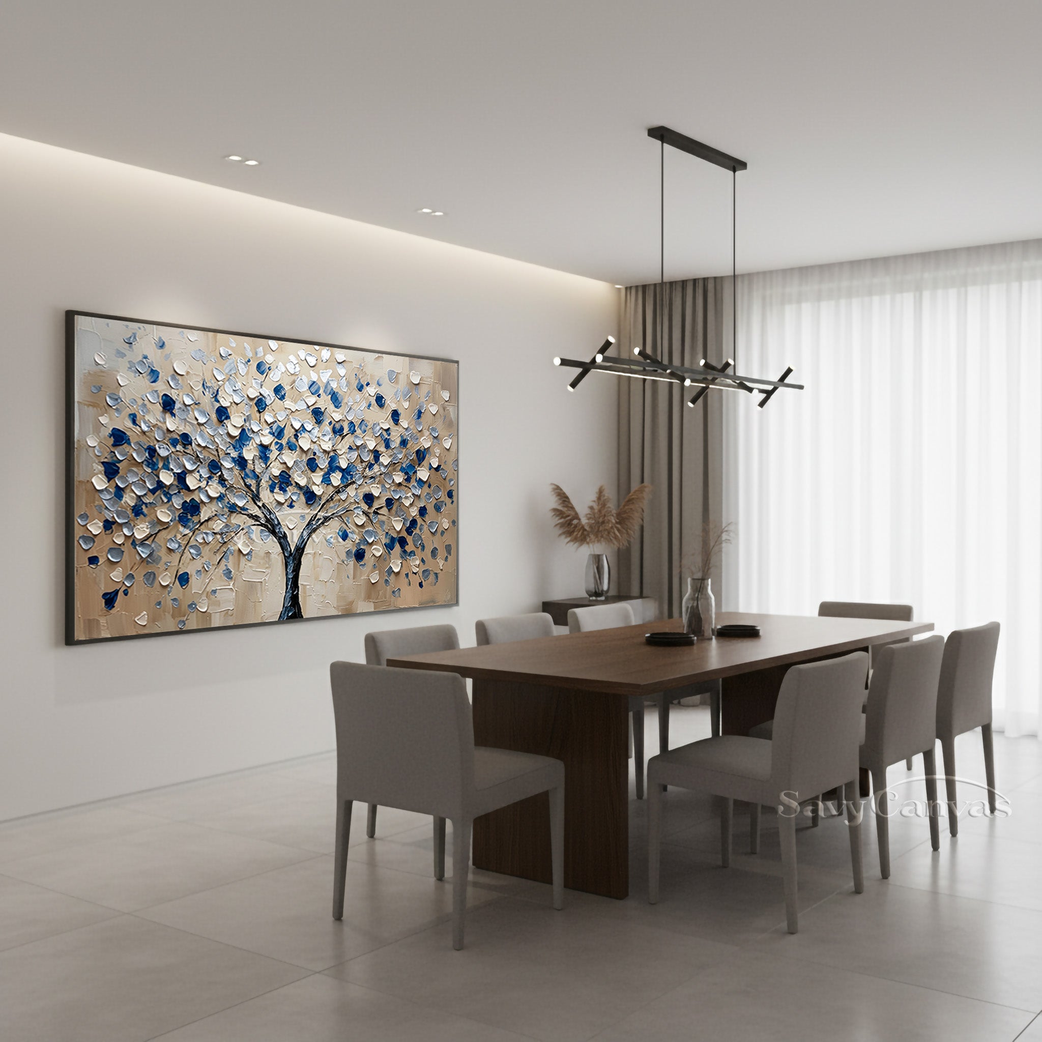 Hand-Painted Abstract Blue Floral Tree Canvas Wall Art #SS 032