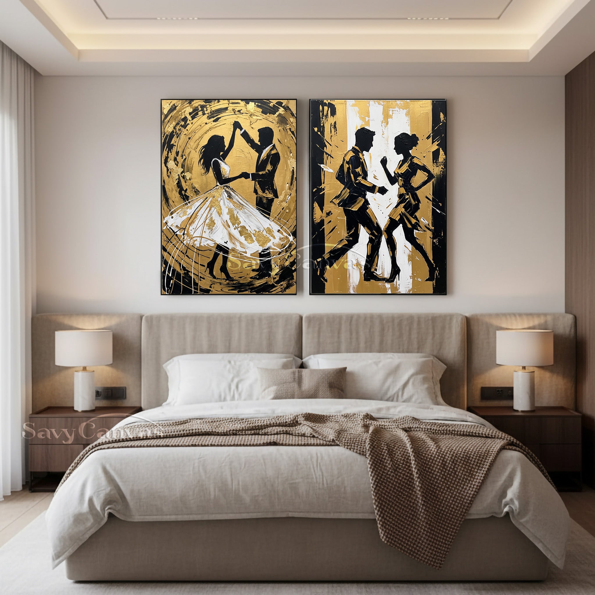Modern Gold Leaf Dancing Couple Silhouette Oil Painting on Canvas #SS 054