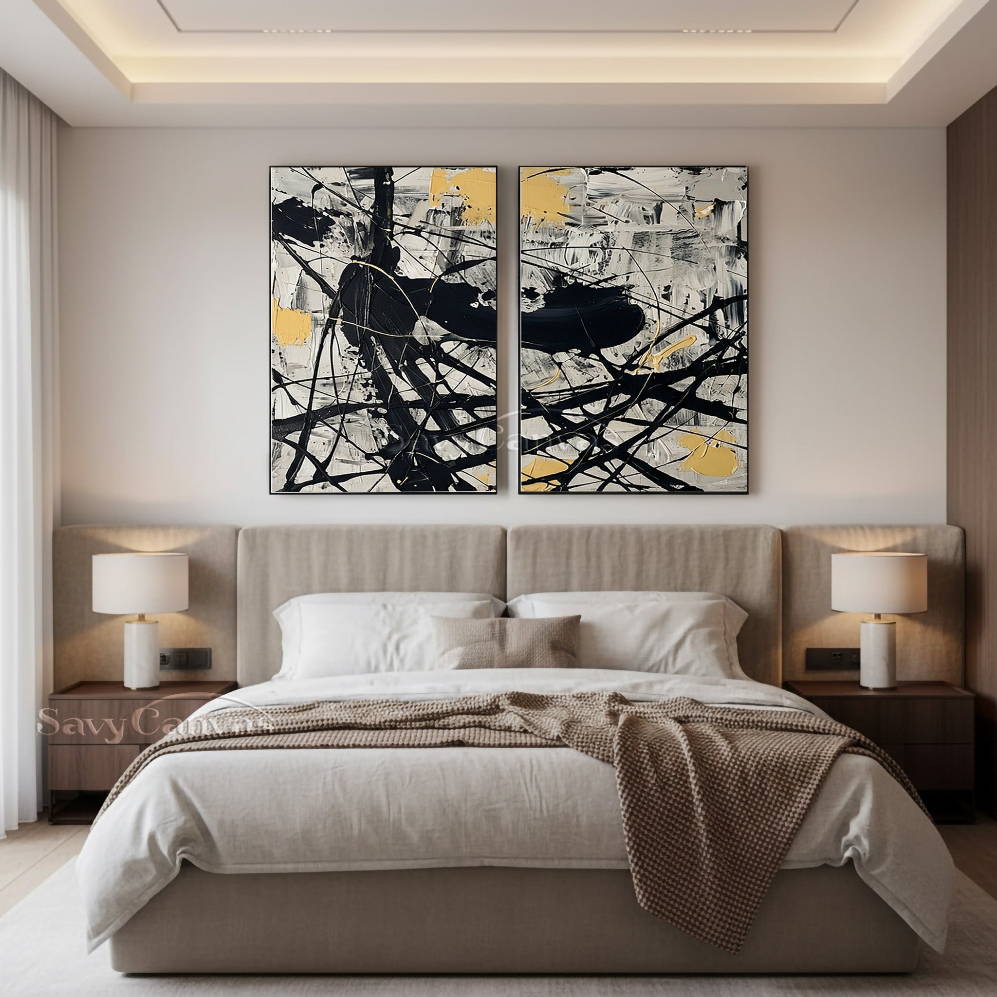 Modern Black and White Diptych Art | Set of 2 Pollock Drip Paintings #JJ 473