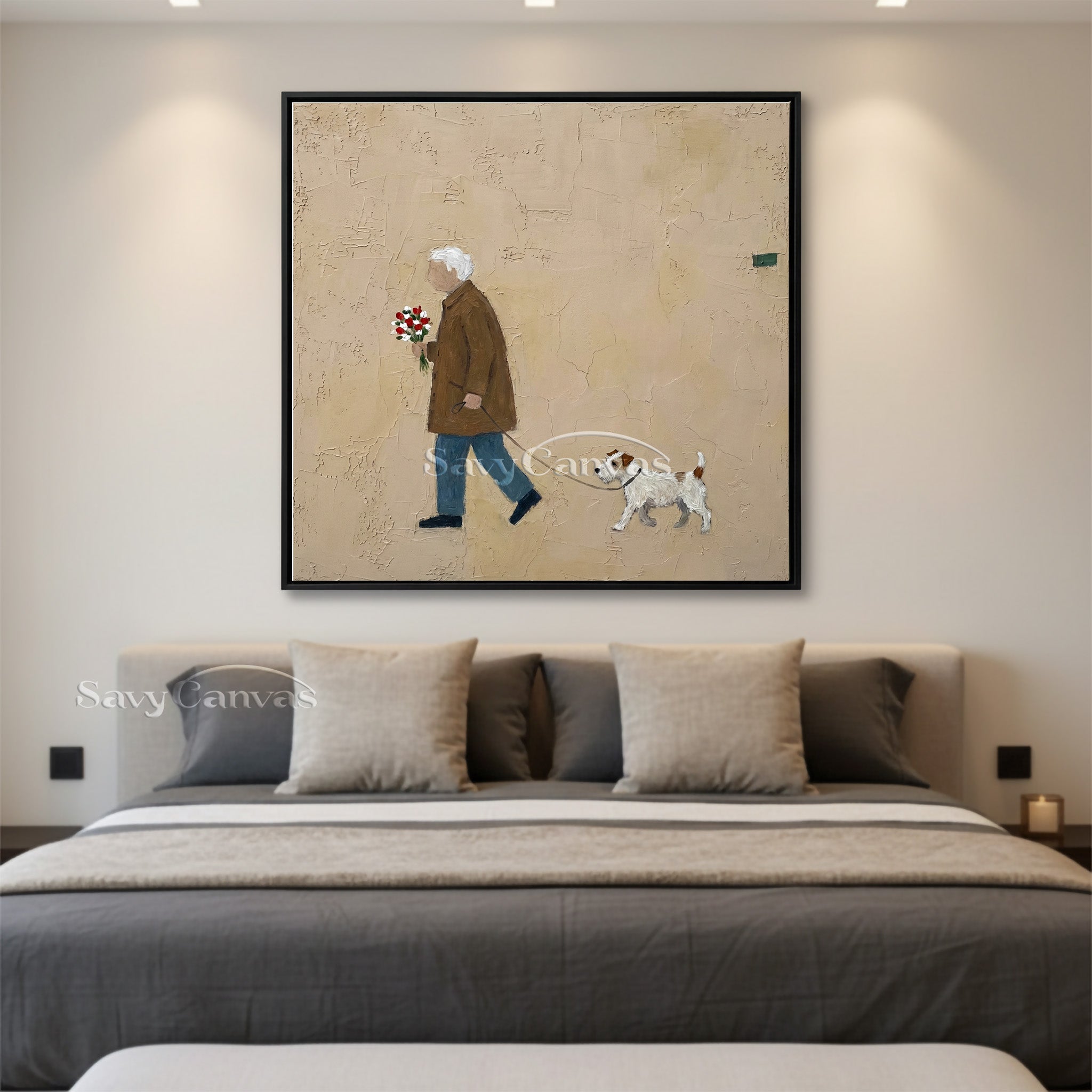 Minimalist Man & Dog Textured Canvas Wall Art #SS 018
