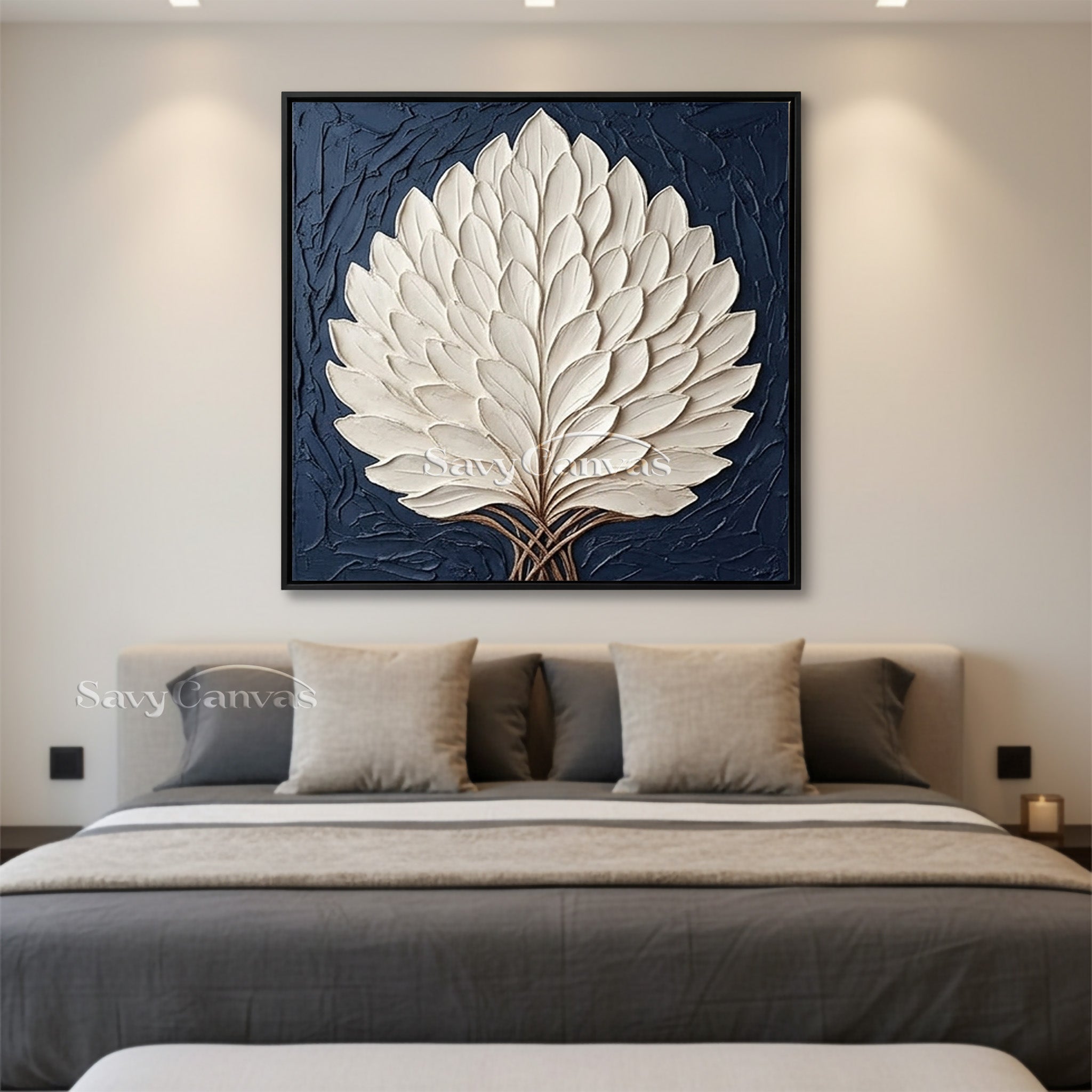 3D Textured White Leaf Oil Painting on Navy Blue Canvas #SS 130