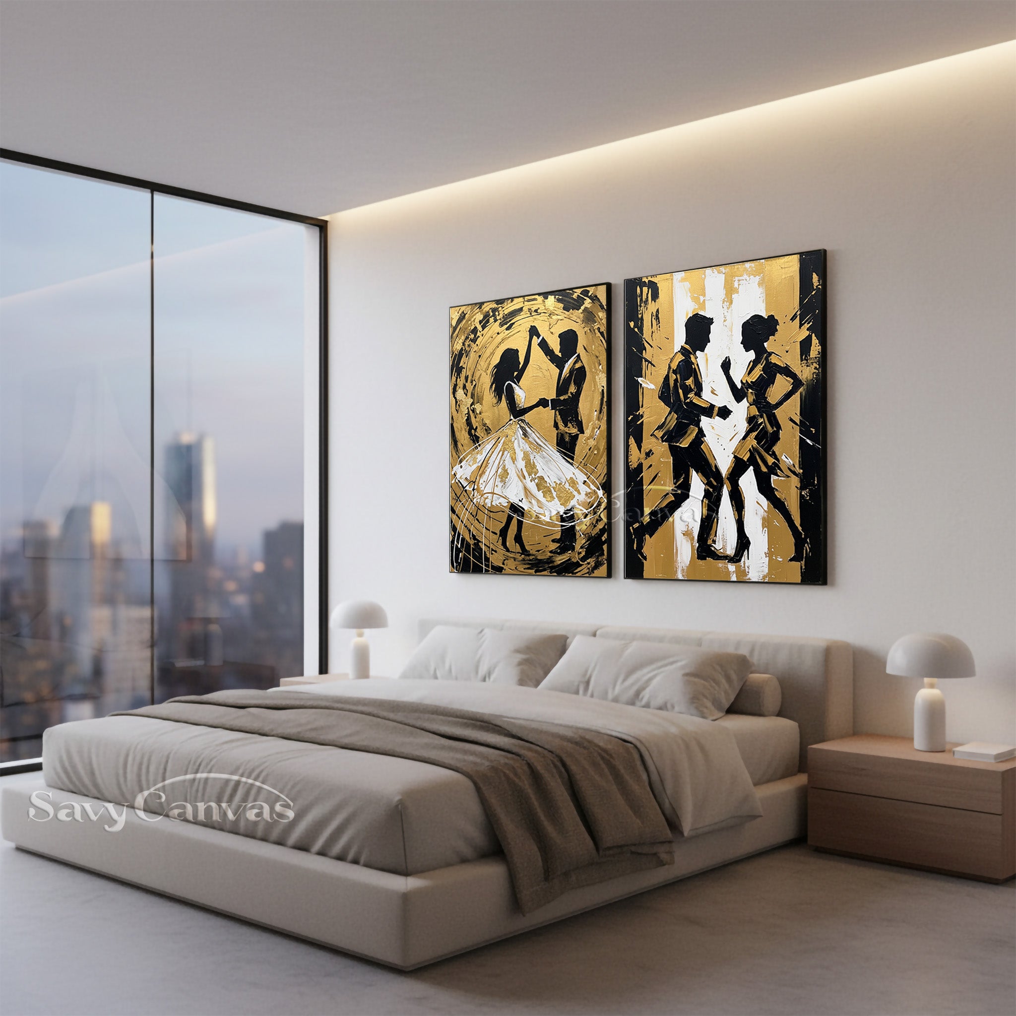 Modern Gold Leaf Dancing Couple Silhouette Oil Painting on Canvas #SS 054