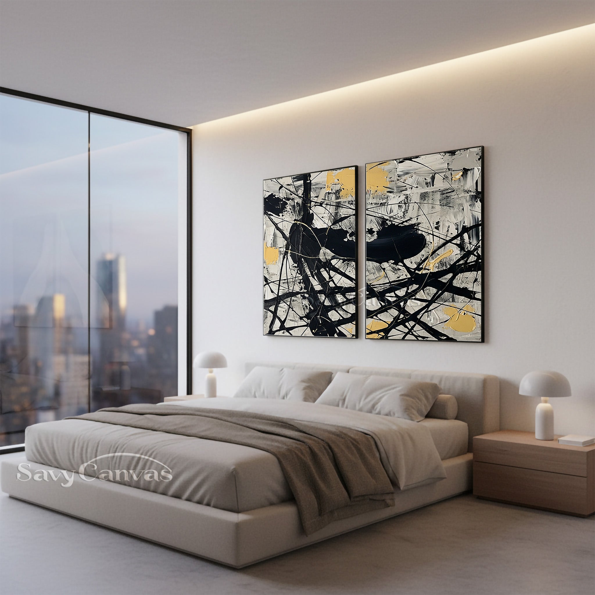 Modern Black and White Diptych Art | Set of 2 Pollock Drip Paintings #JJ 473