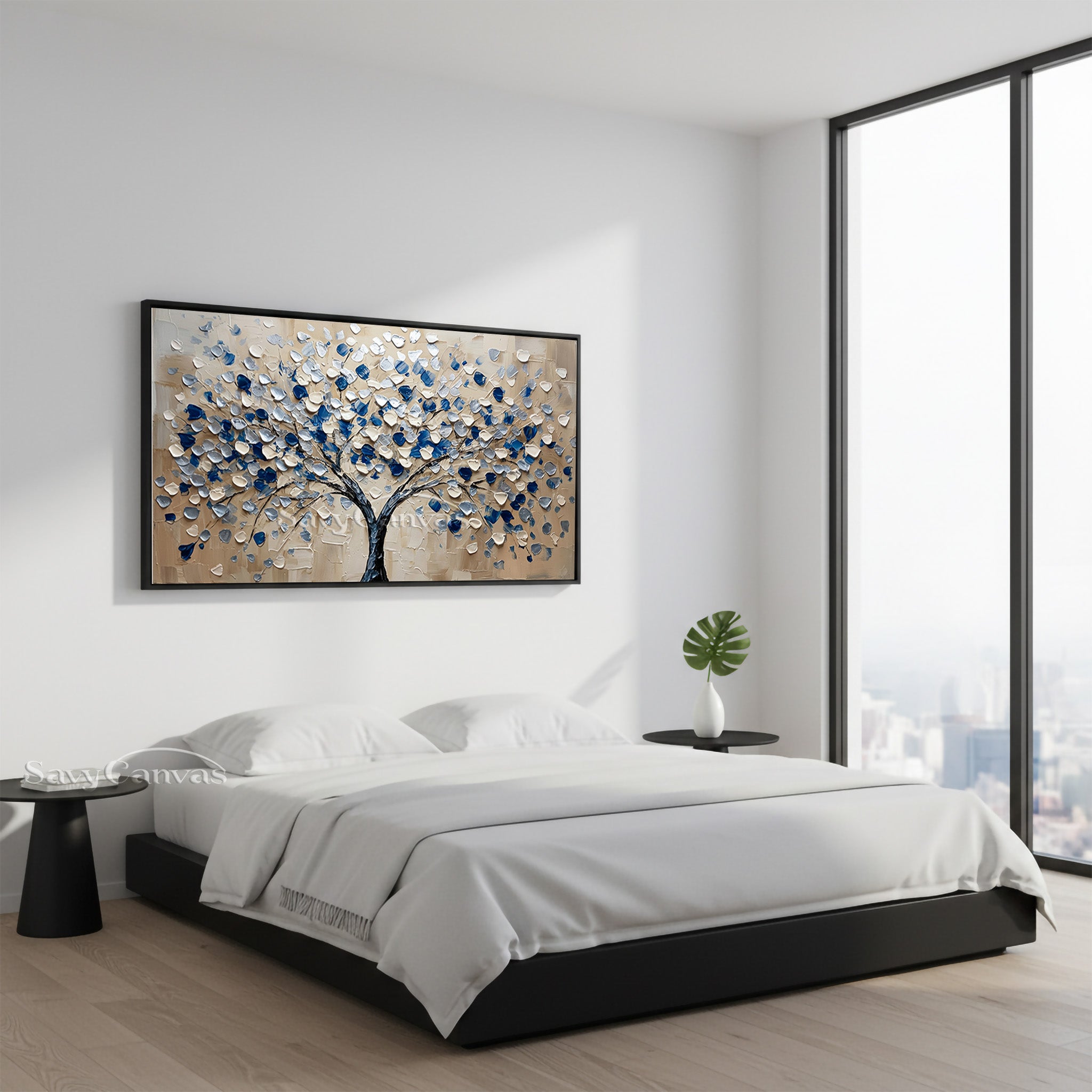 Hand-Painted Abstract Blue Floral Tree Canvas Wall Art #SS 032