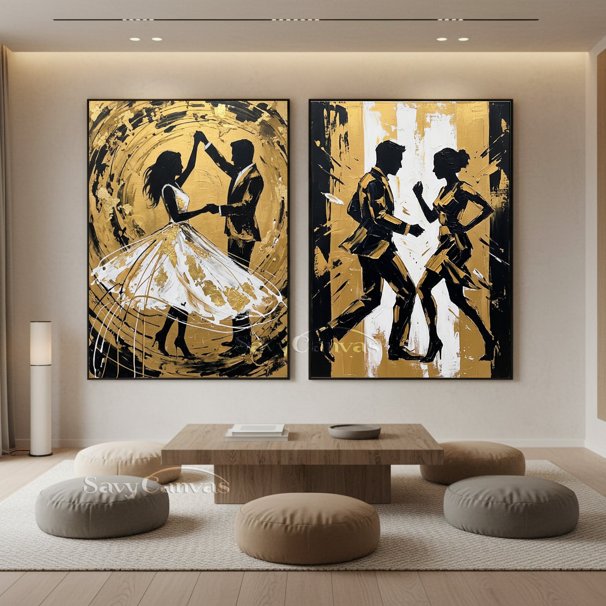 Modern Gold Leaf Dancing Couple Silhouette Oil Painting on Canvas #SS 054
