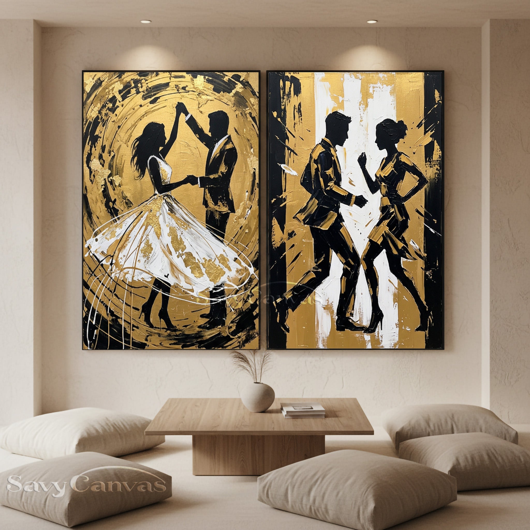 Modern Gold Leaf Dancing Couple Silhouette Oil Painting on Canvas #SS 054