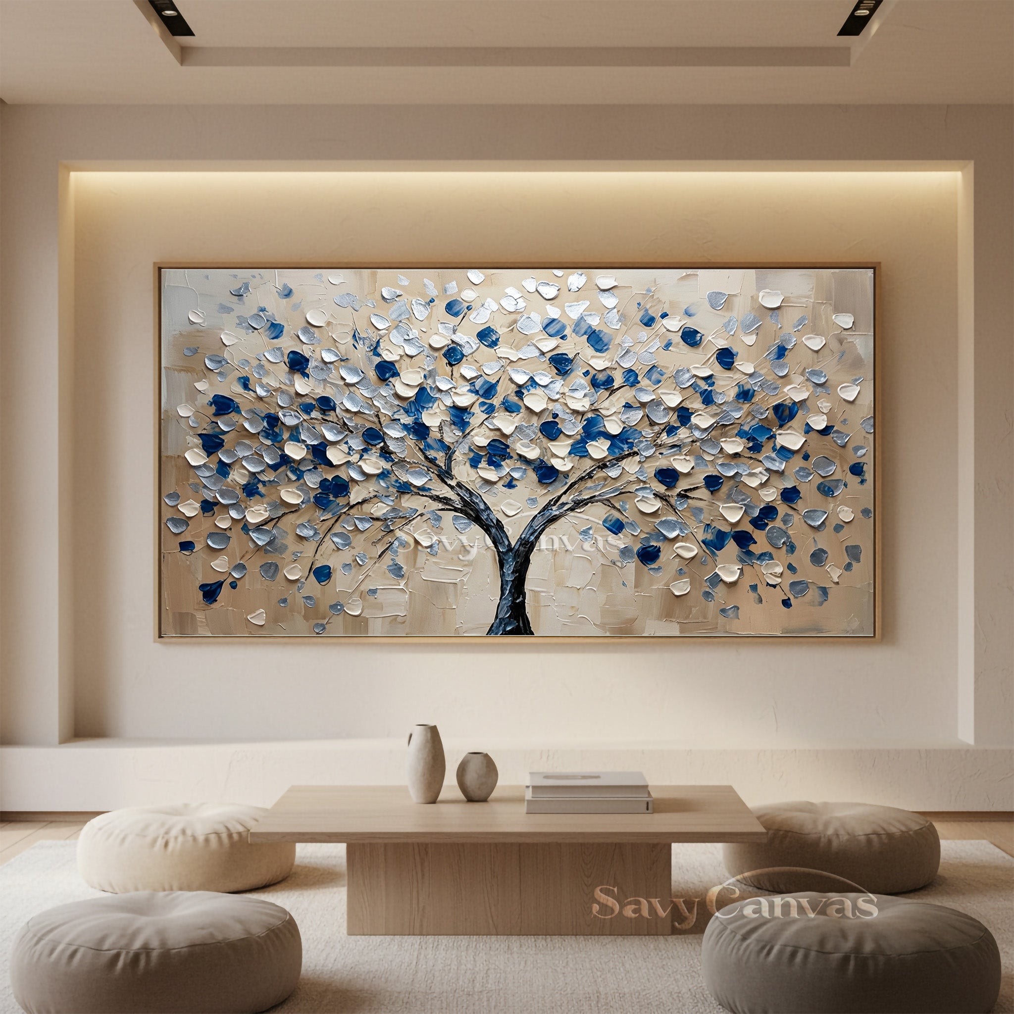 Hand-Painted Abstract Blue Floral Tree Canvas Wall Art #SS 032
