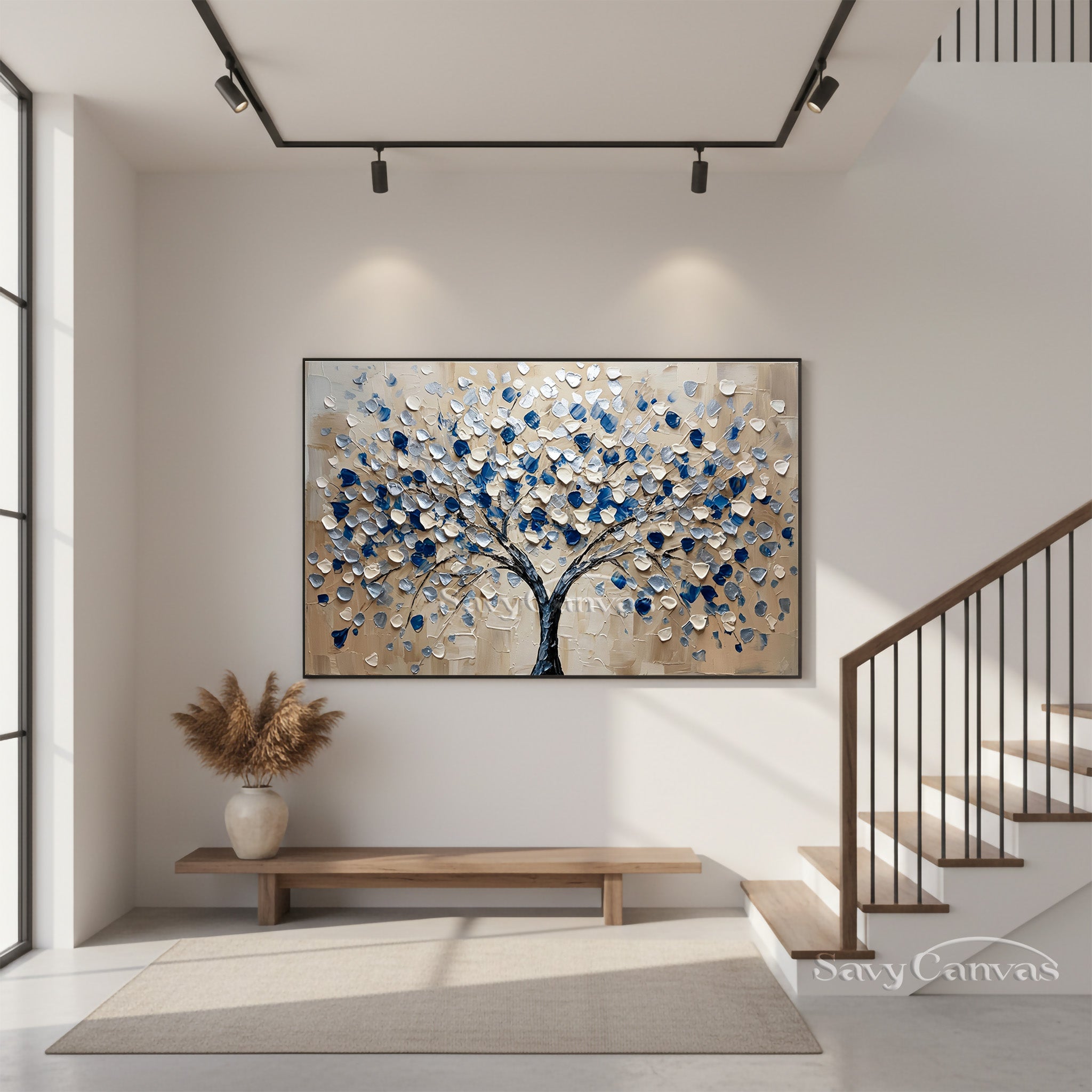 Hand-Painted Abstract Blue Floral Tree Canvas Wall Art #SS 032