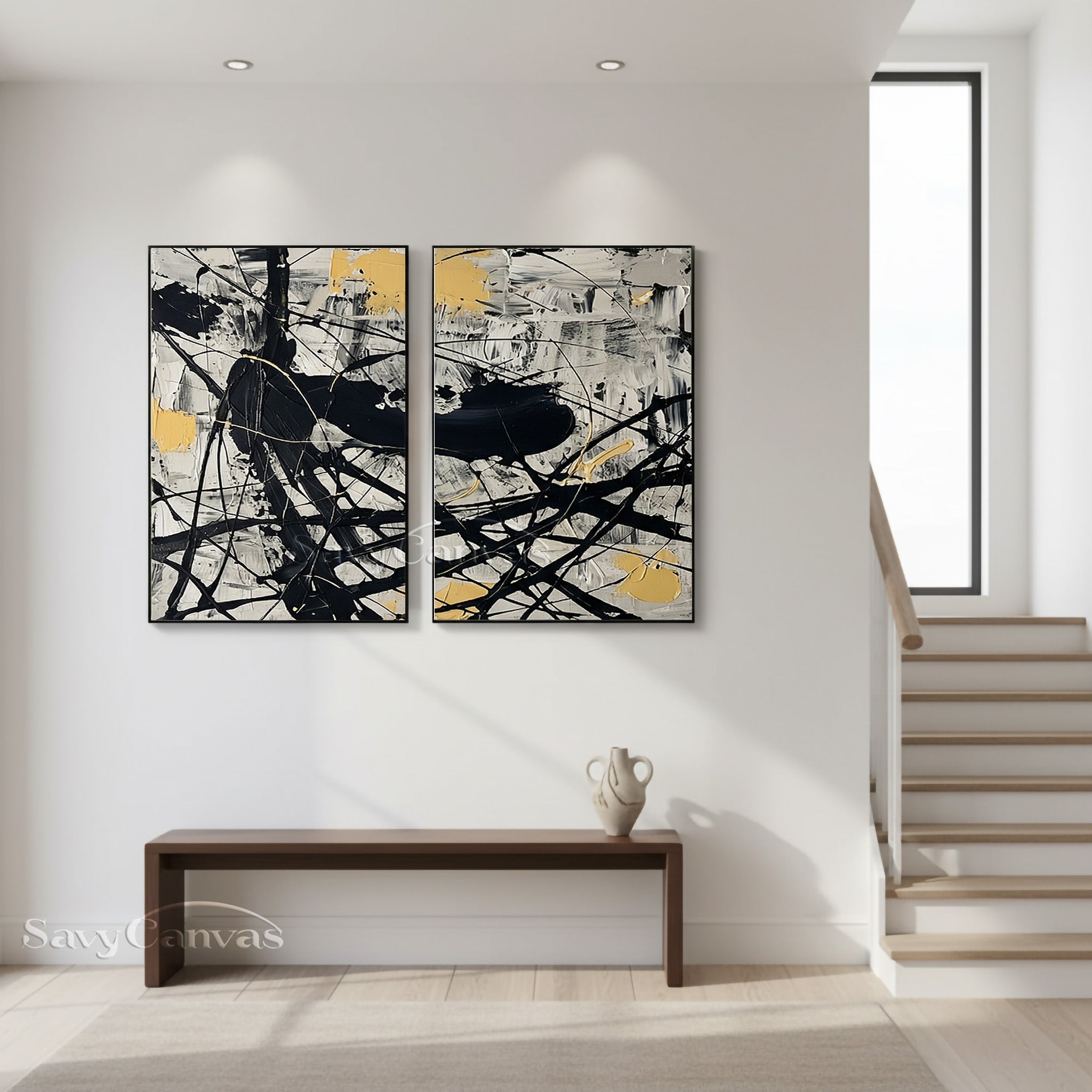 Modern Black and White Diptych Art | Set of 2 Pollock Drip Paintings #JJ 473